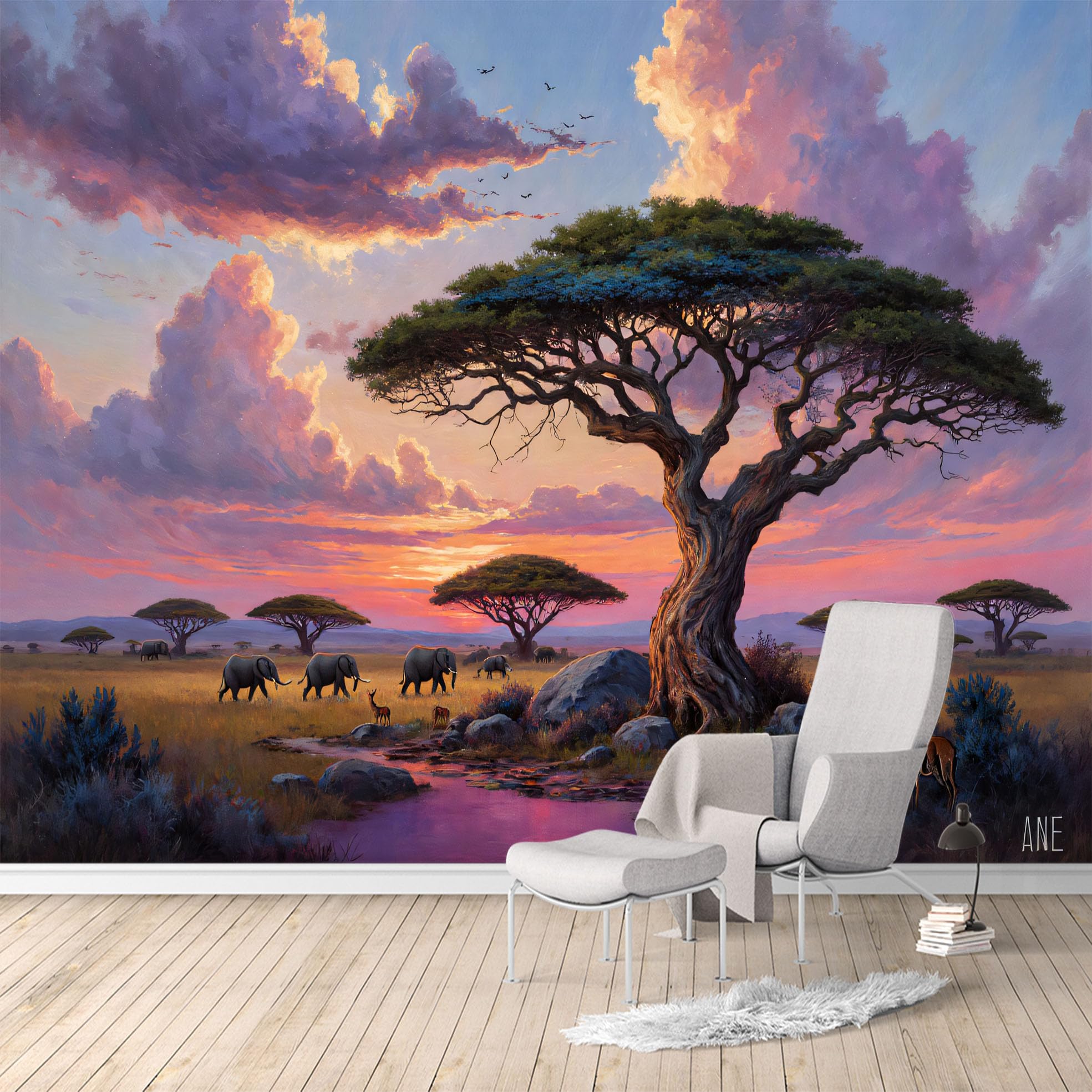 Custom Size Wall Murals,African Savannah Sunset Elephants Acacia Tree Landscape,SelfAdhesive Water Activated Removable Wall Covering,Large Photo Wallpaper for Living Room Bedroom Office