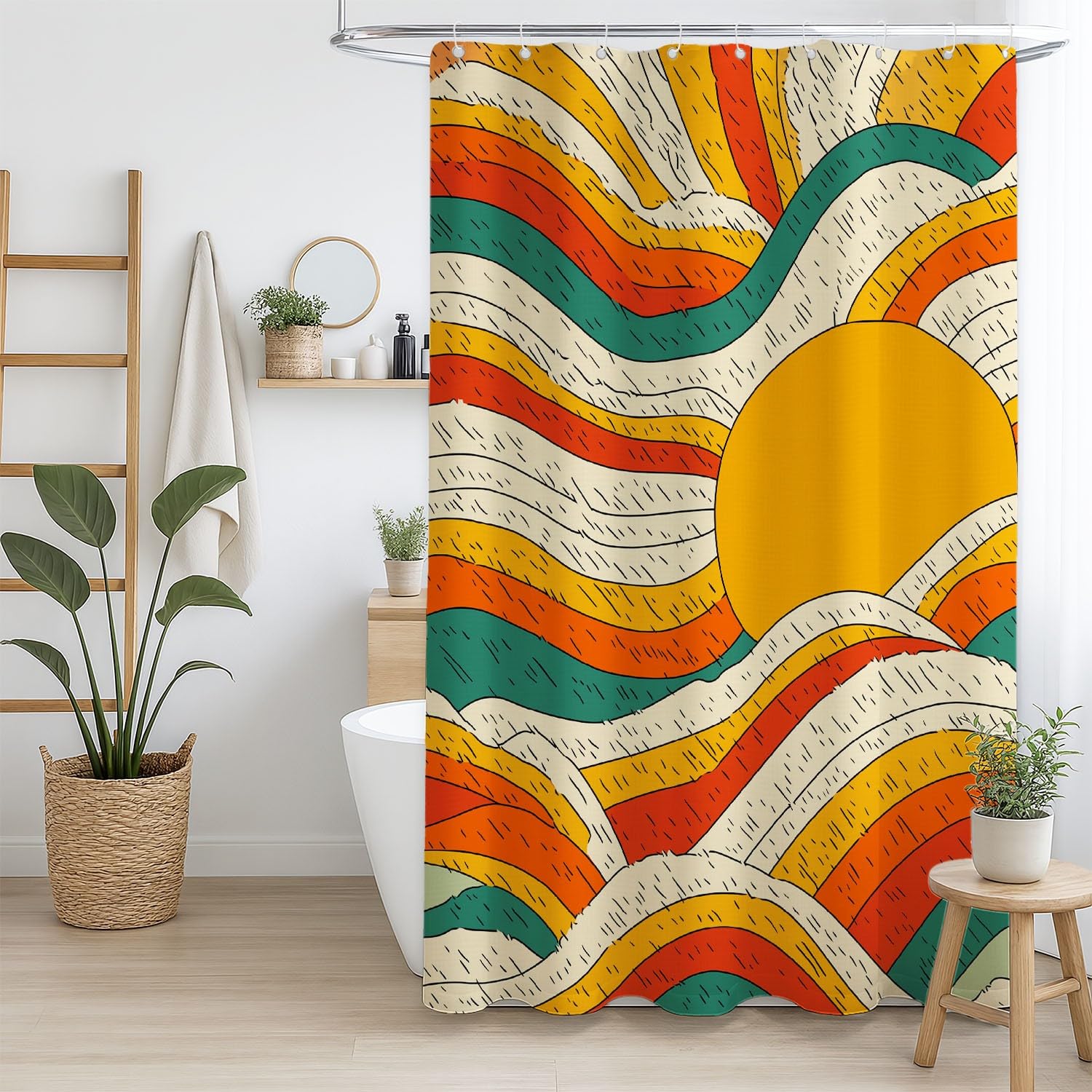 Generico Vintage Tenda Da Doccia Fantasia Linee Sole Beige, Tenda Da Doccia Per Bagno, Vasca Da Bagno, Tenda In Poliestere Impermeabile Con Ganci In Plastica, 200 x 200 cm