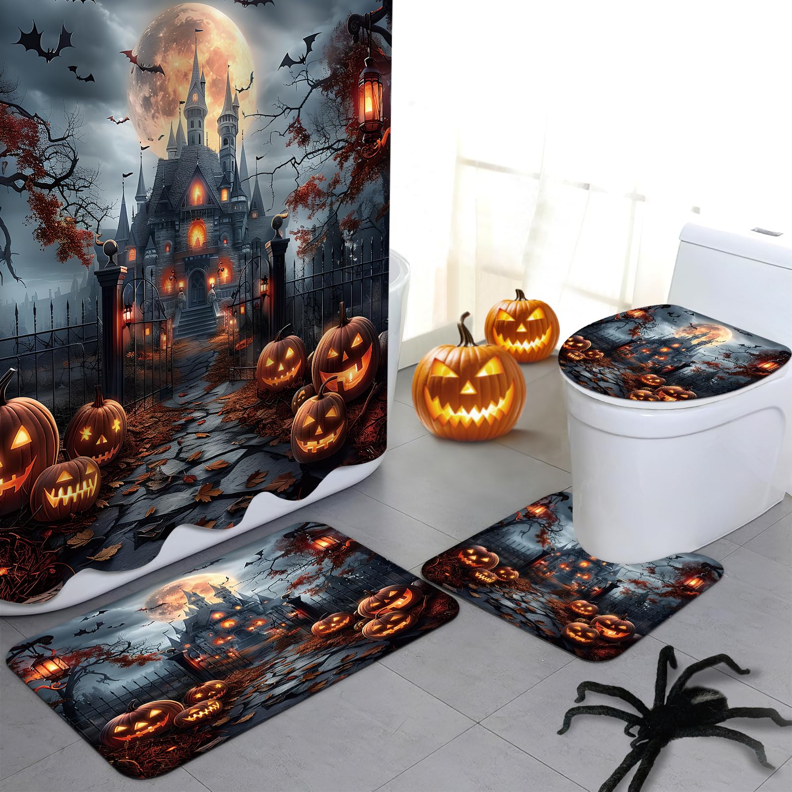 Rideau de douche Halloween château effrayant et décoration de salle de bain gothique horreur