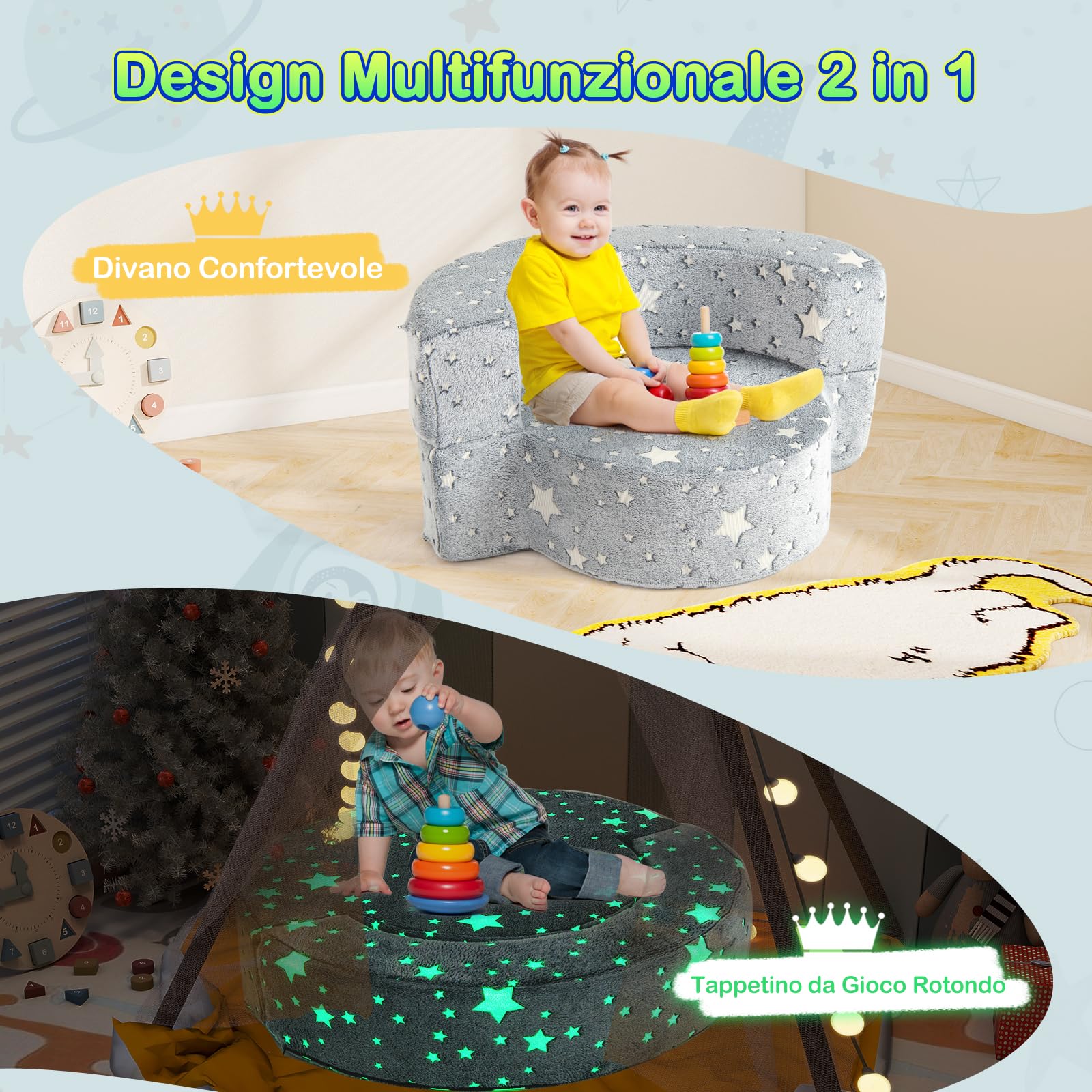 RELAX4LIFE Divano Luminoso per Bambini, Materasso 2-in-1 con Fodera Removibile e Lavabile, Cuscino in Spugna ad Alta Densità, Divano Convertibile per Soggiorno, Stanza dei Giochi, Bambini 3 + Anni