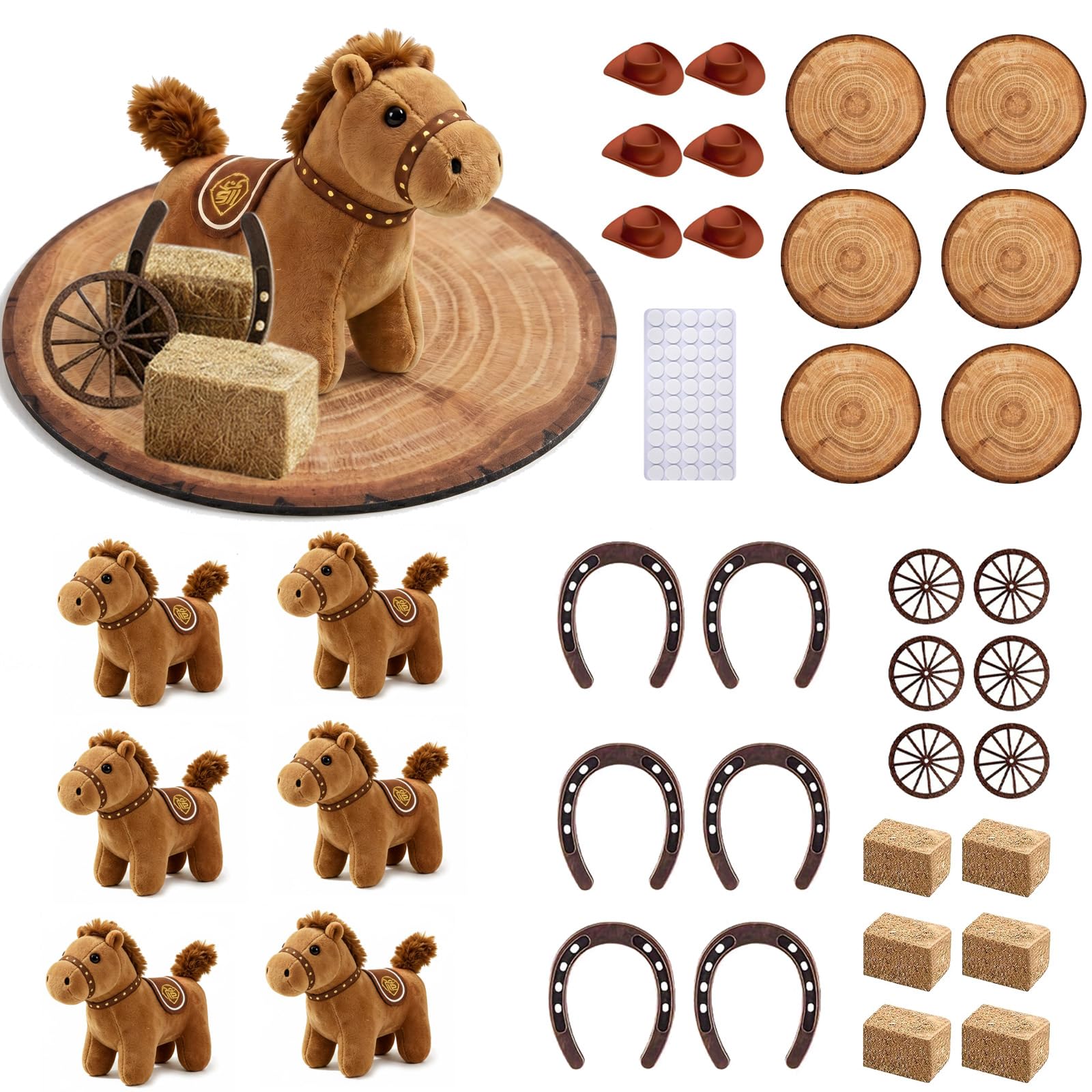 36 Pcs Western Party Decorations, 6 Set Cowboy Party Table Centerpieces with Horse Plush, Hay Bales, Horseshoes, Wagon Wheels Decor for Crafts, Birthday Wedding Party Supplies