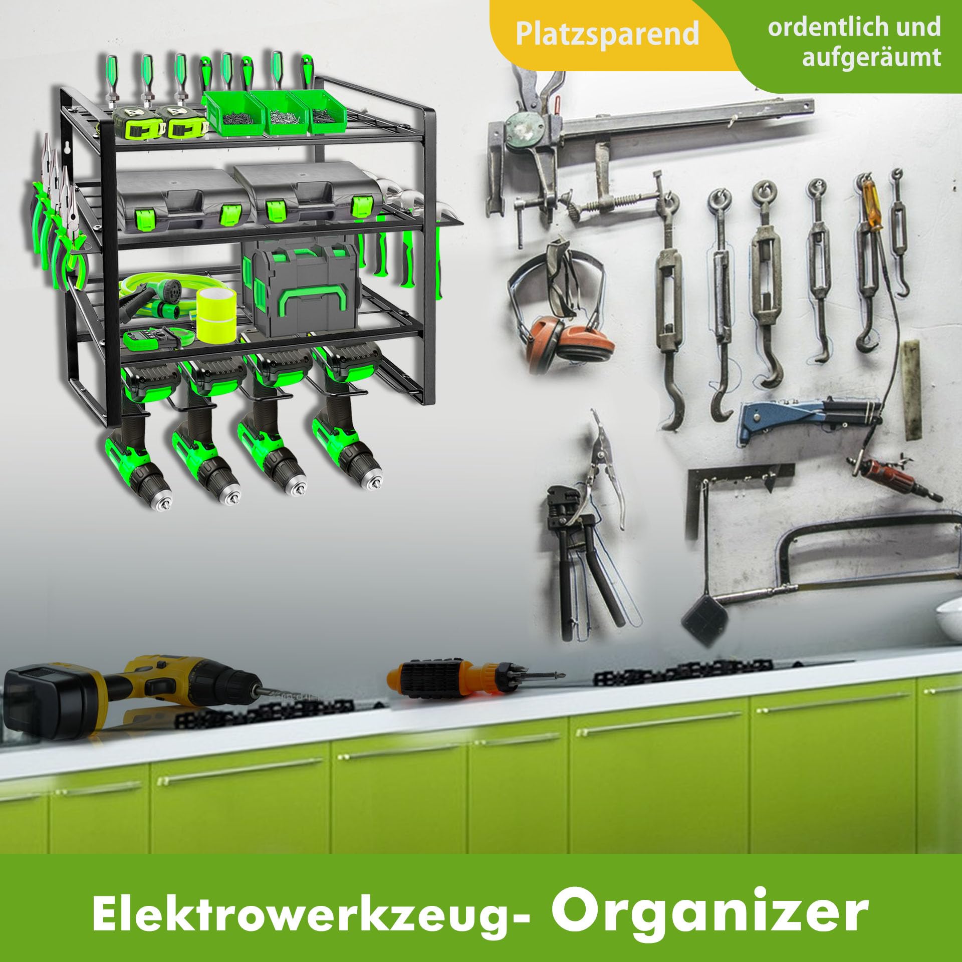 Mimoke Wandmontiertes Werkzeugregal - 4-stufiger Elektrowerkzeug-Organisator & Bohrerwerkzeug-Organisator für Garage und Werkstatt (4 Ebene)