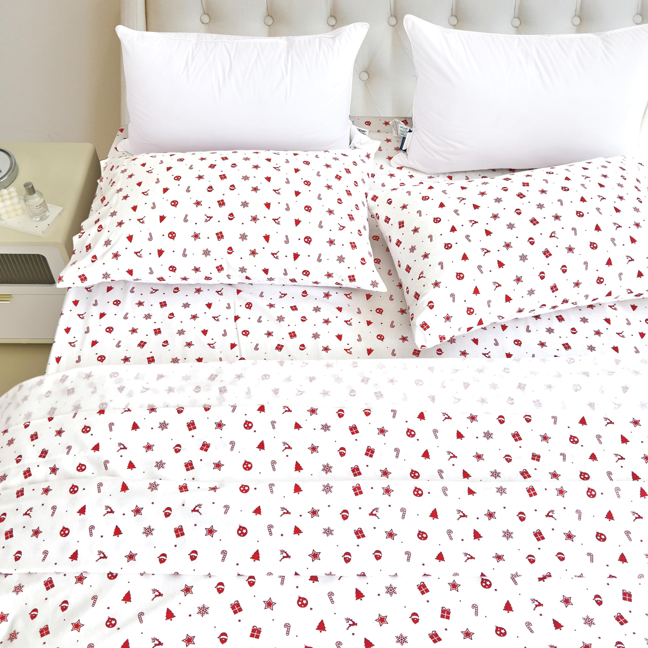 Elegant Comfort - Juego de sábanas ultrasuaves de Franela de 100% algodón Turco prémium, 4 Piezas, diseño navideño, cálidas y acogedoras, sábana Bajera Profunda, tamaño de Matrimonio, Estrellas Rojas
