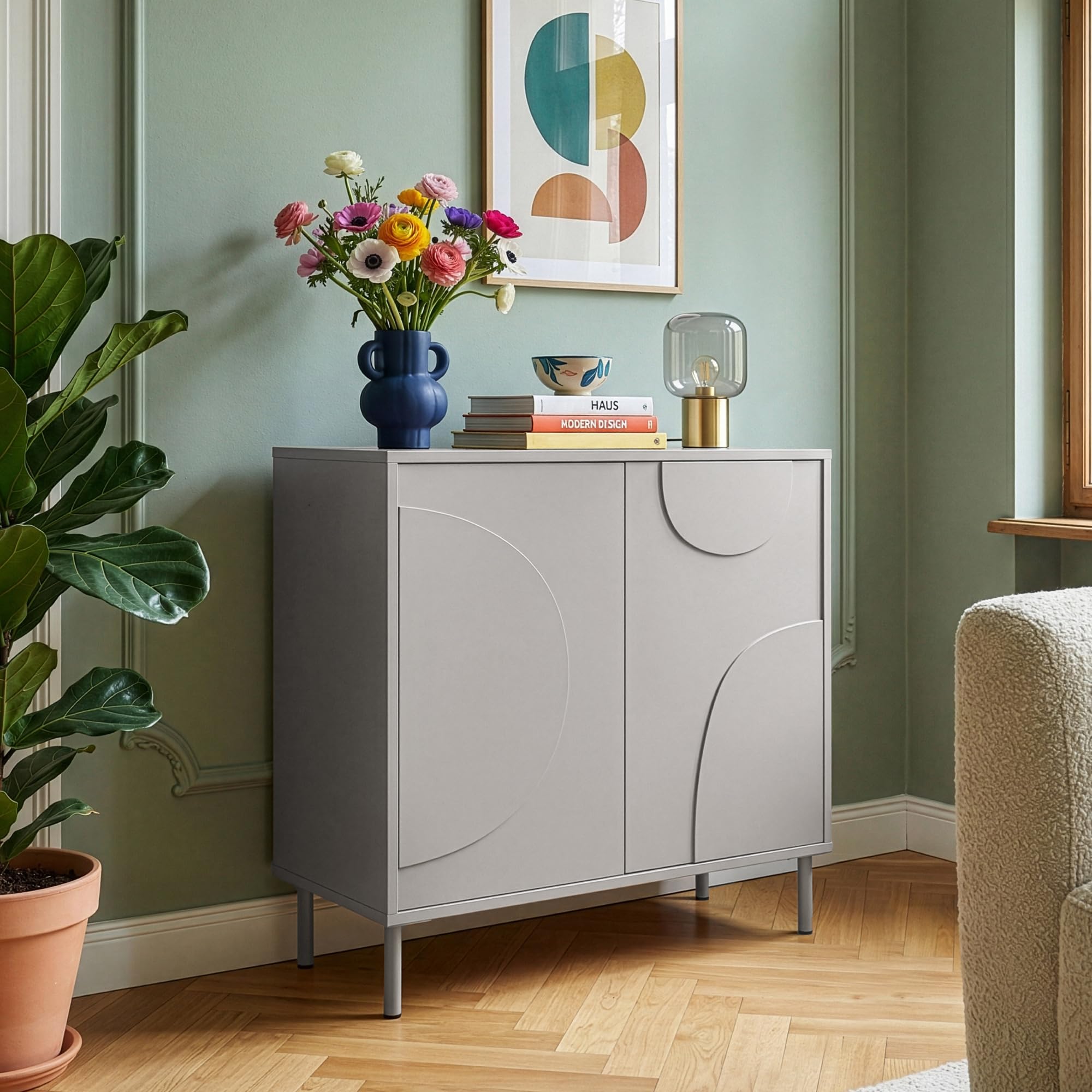en.casa] Sideboard Wohnzimmer Holea Kommode schmal Schrank Wohnzimmerschrank mit 2 Türen Push-to-Open Flurschrank Anrichte Schlafzimmer 75 x 70 x 34 cm Grau Küche, Haushalt & Wohnen