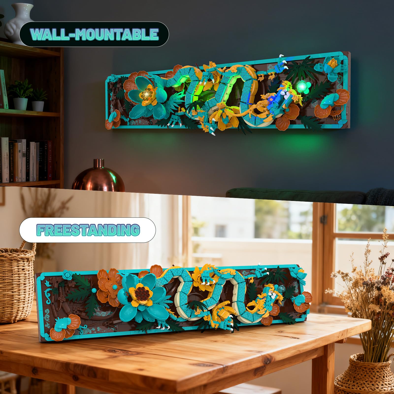 JMBricklayer Mythische Drachen Fliesen Bauspielzeug mit Licht 70019, 3D Art Zuhause Büro Wanddeko Drache Tisch Deko Bauset, Dragon Blume Bilder Wandkunst Klemmbausteine Geschenk für Erwachsene
