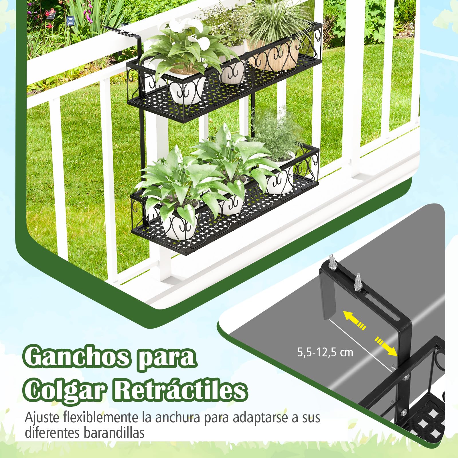 RELAX4LIFE Soporte Vertical para Macetas para Balcón de 2 Niveles con Gancho Ajustable, Estantería Colgante de Metal para Terraza, Jardín, Balcón, Patio, Negro
