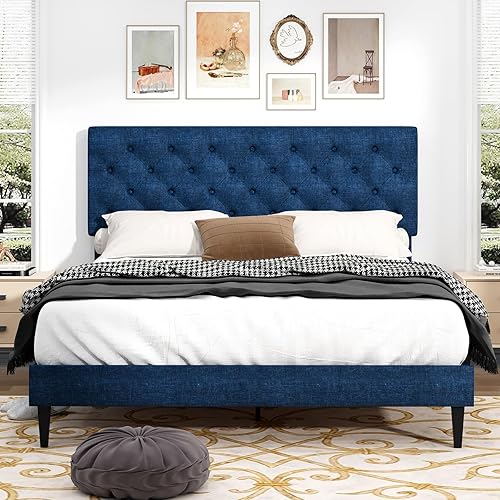 Miniatura 40 de BarnFurin Base de cama de tamaño matrimonial con cabecero, cama de plataforma tapizada con cabecera capitonada con botones ajustables, marco de cama