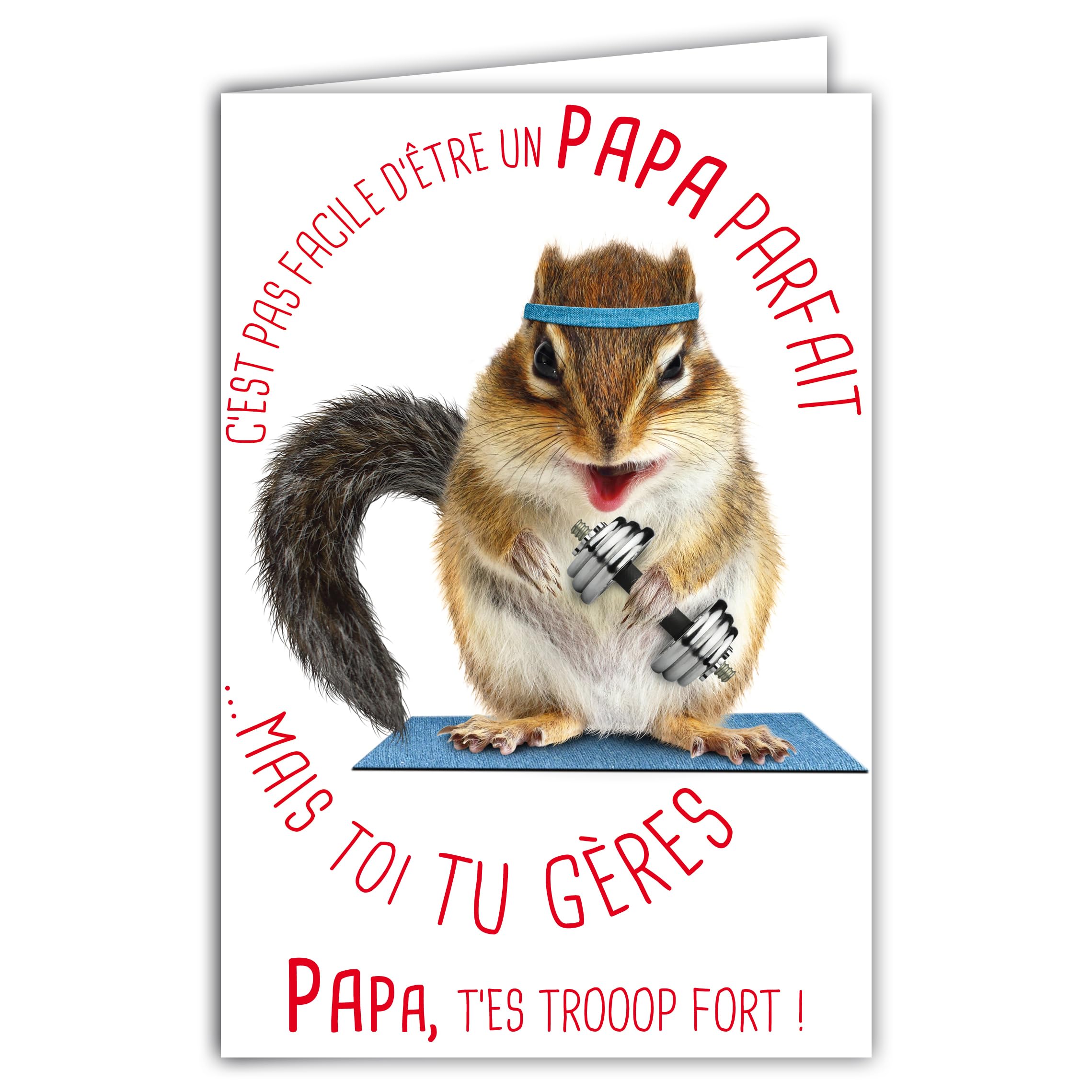Card for a Dad Perfect Too Strong Humorous Message with Illustrated Envelope Format 17.5 x 12 cm Animal Rodent Squirrel Chipmunk Tamia Funny Creation, Made in France 69-6215