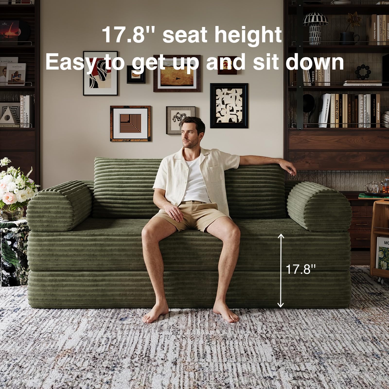 Novilla 75" Convertible Futon Sofa Bed, Boneless Couch with Smarts Coil® Support & High-Density Foam, No Assembly Corduroy Folding Loveseat Floor Sleeper for Living Room, Apartment, Bedroom, Green