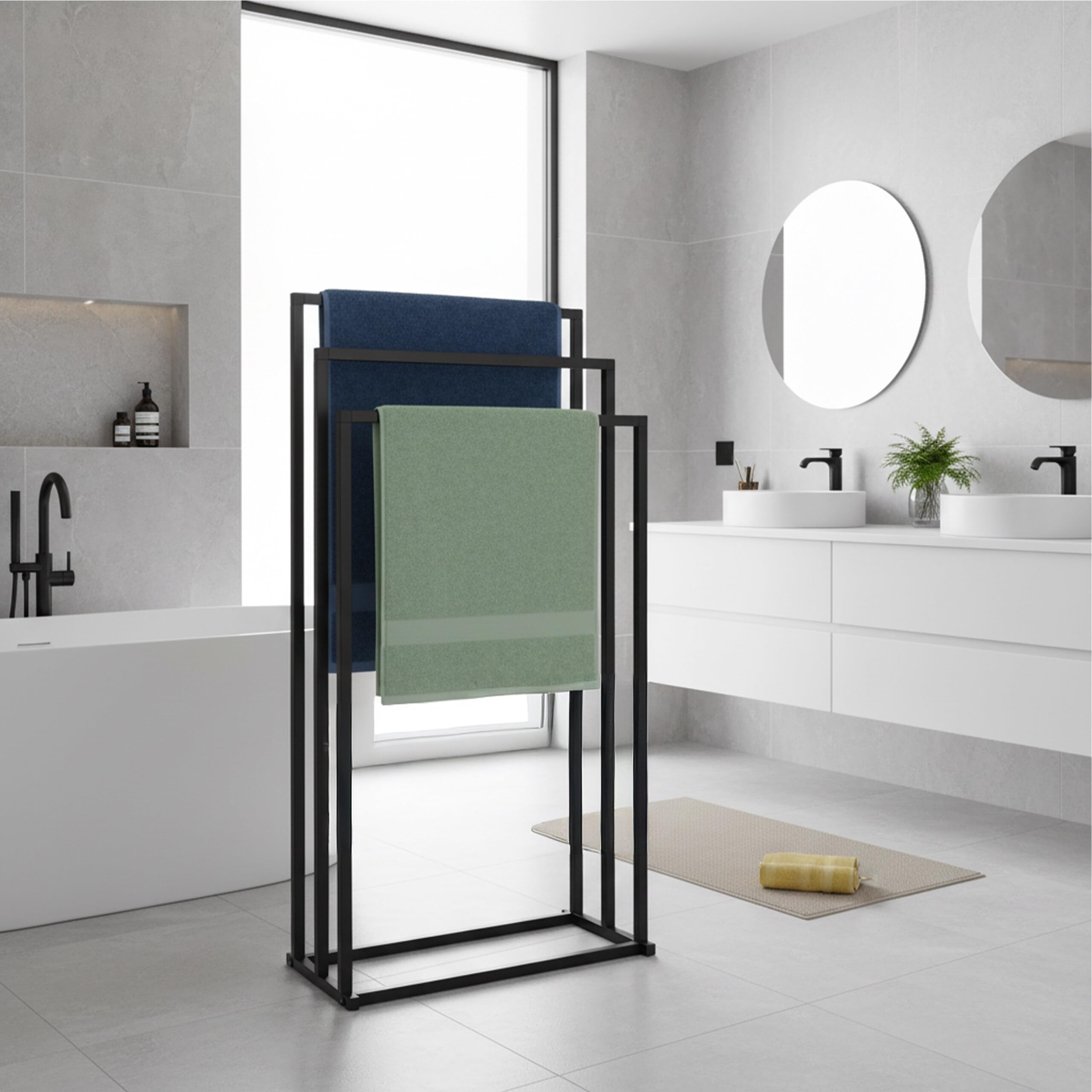 Relaxdays Portasciugamani, AxLxP: 84 x 44 x 21,5 cm, Metallo, 3 aste, da Terra, Bagno, Nero, da