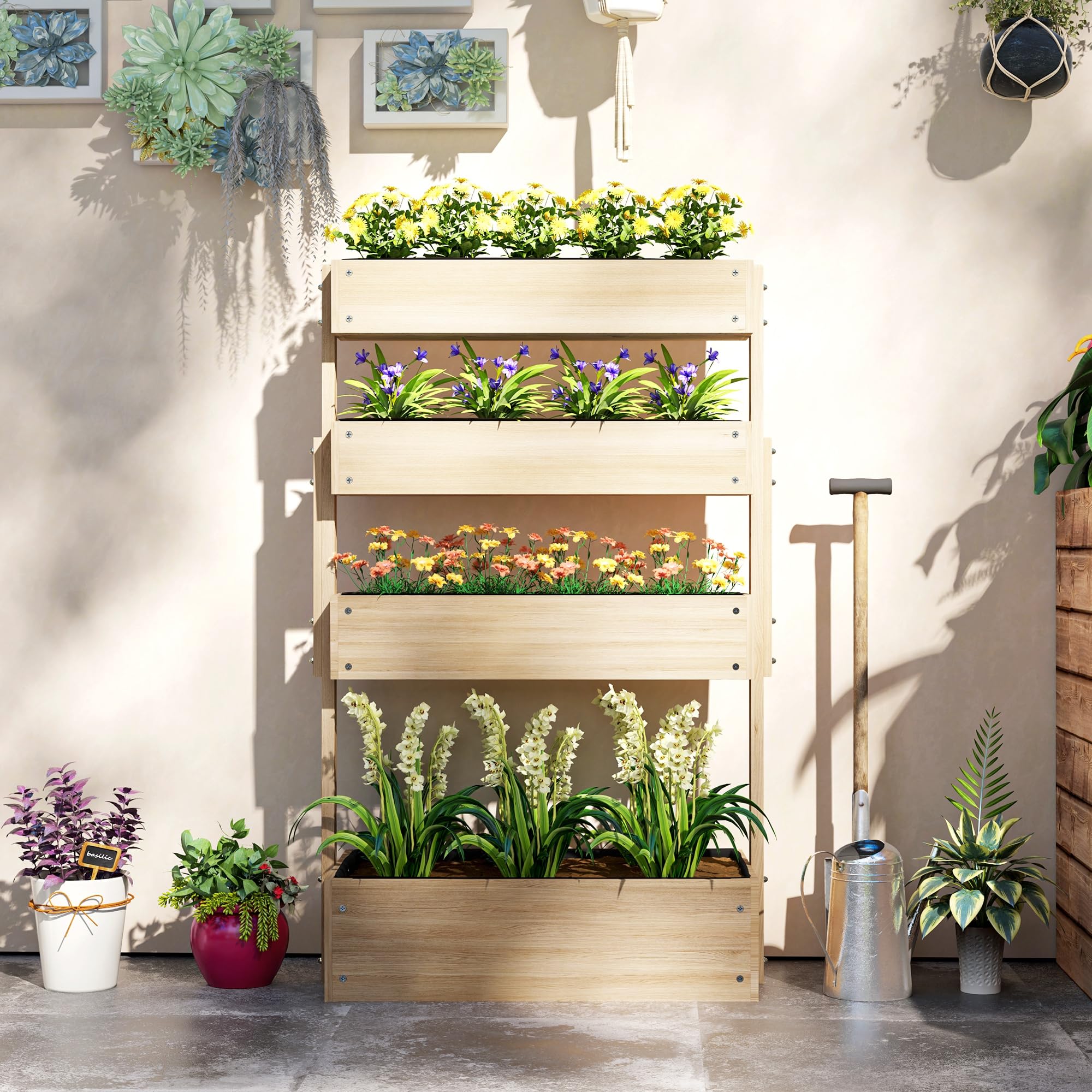 Outsunny Jardinière Surélevée en Bois avec 4 Étages, Doublure, Bois Naturel | Escalier de Fleurs, Trous de Drainage, pour Terrasse, Balcon et Jardin