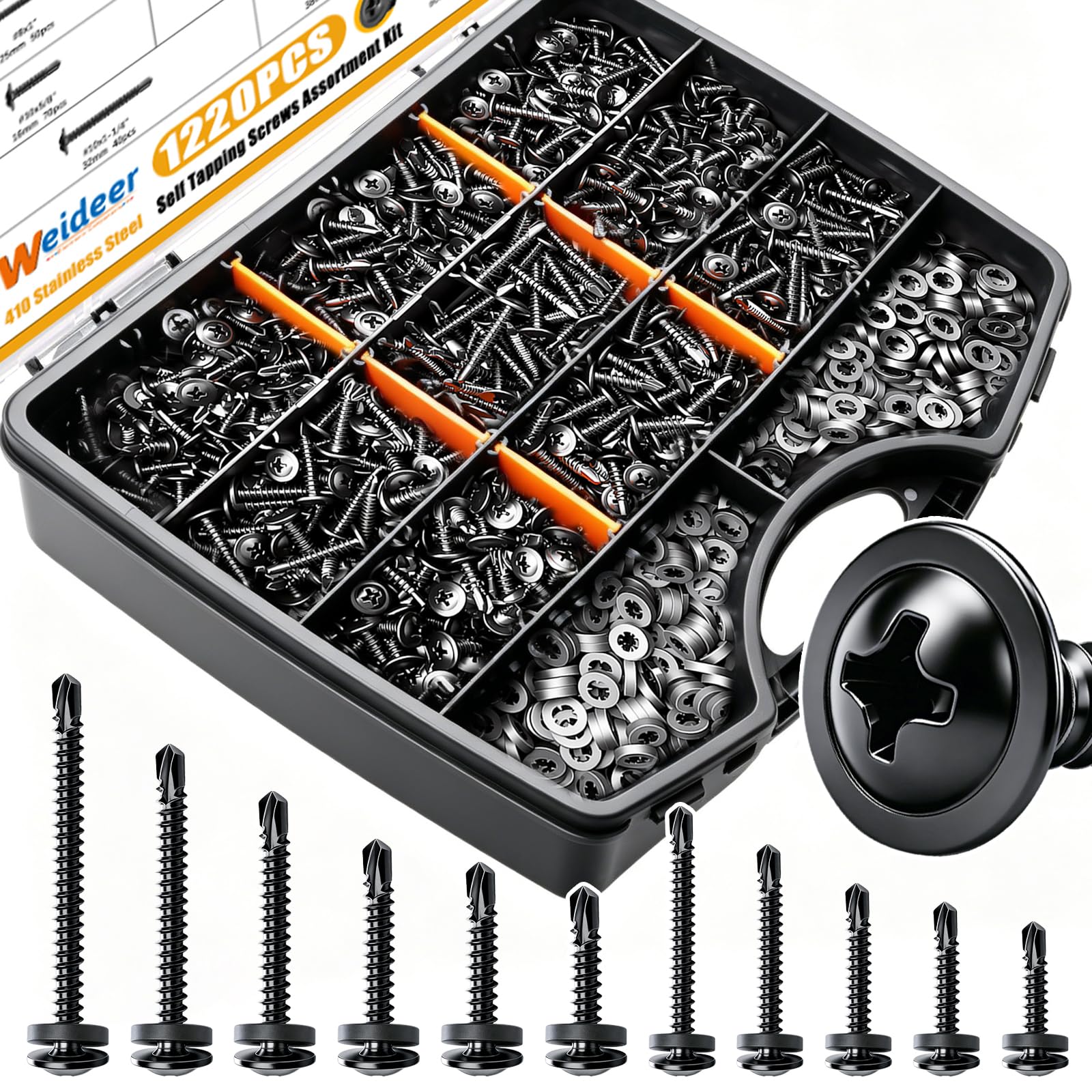 weideer 1220 tornillos autorroscantes #8#10 para metal, kit surtido de tornillos de acero inoxidable 410, cabeza de armadura de óxido negro, tornillo autoperforante rápido con arandela de goma (610