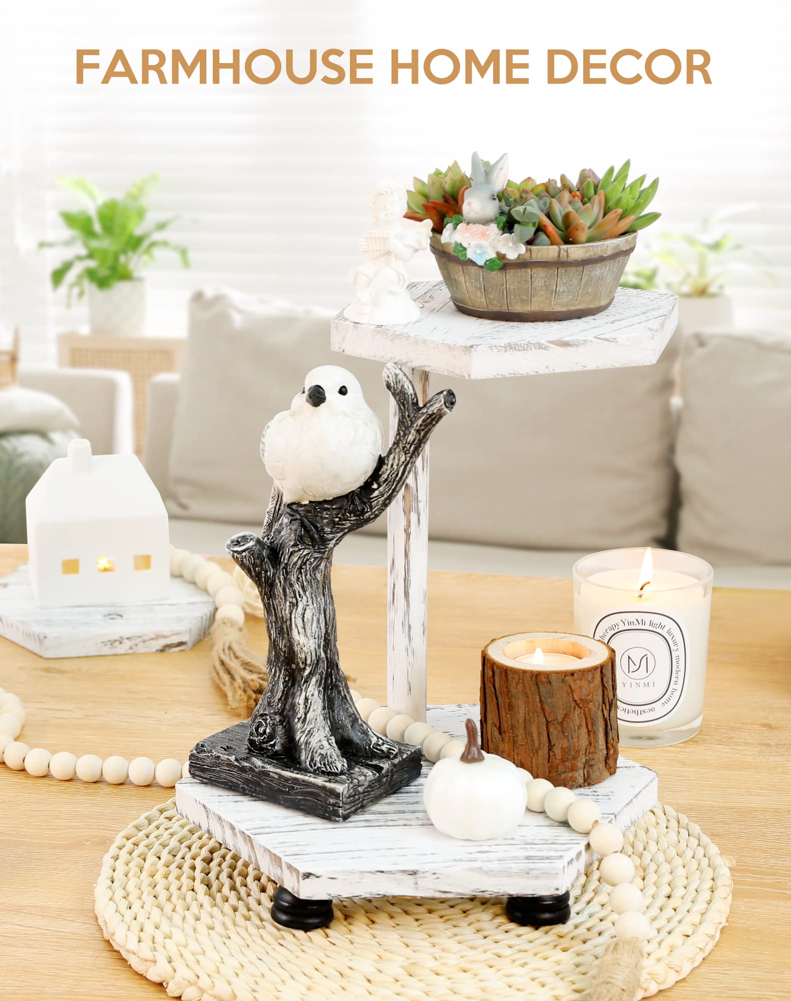 Tikea Hexagonal Wood Riser for Display, 2-Pack Farmhouse Wood Pedestal Stand for Kitchen Bathroom Counter Decor, Decorative Tray for Soap Dispenser, Candle and Plant