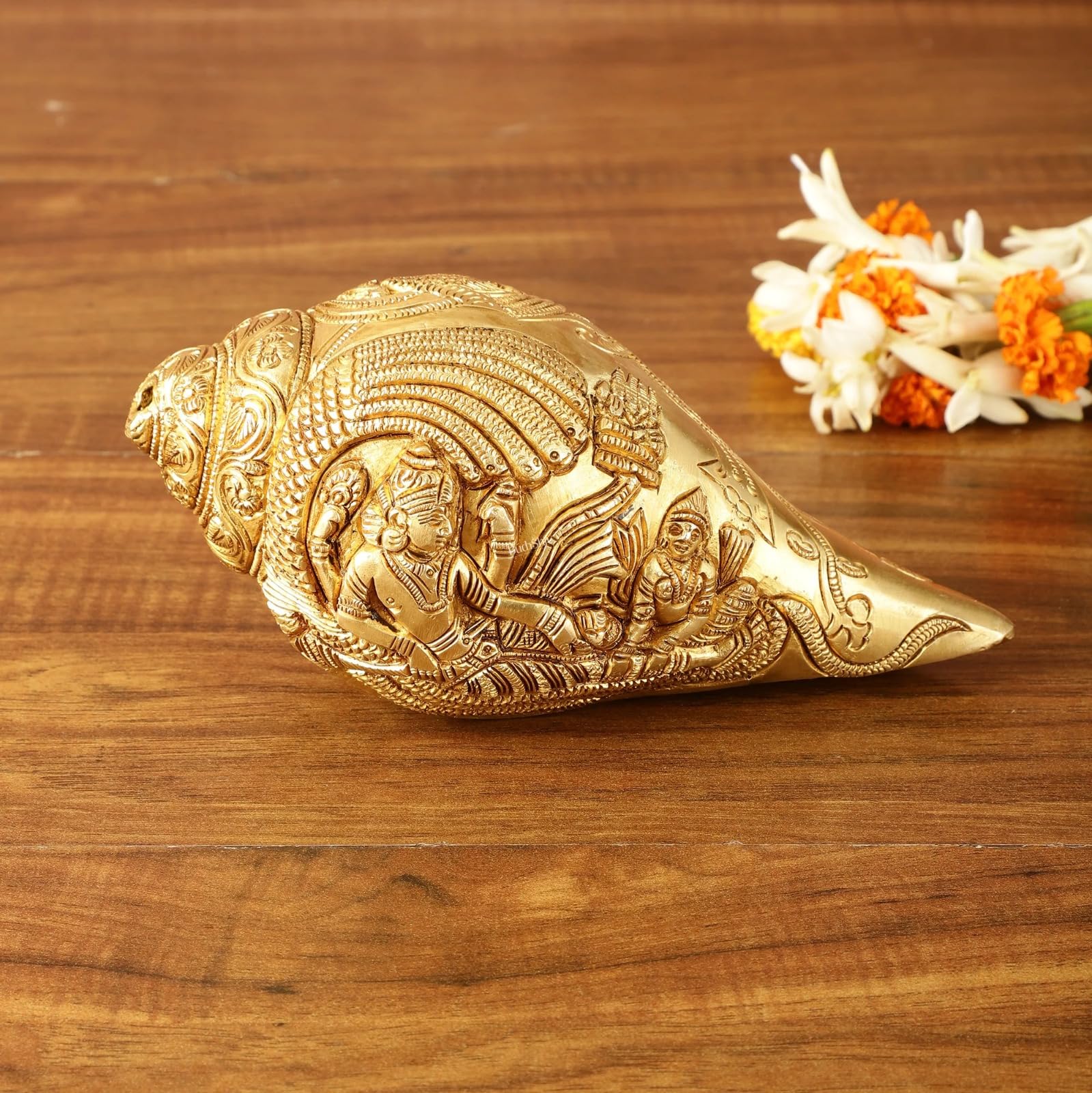Brass Shankh 6.5 Inch | Handcrafted Vishnu Lakshmi Conch Shell | Decorative Shankh for Pooja Room, Home Temple & Gift Purpose-image-3