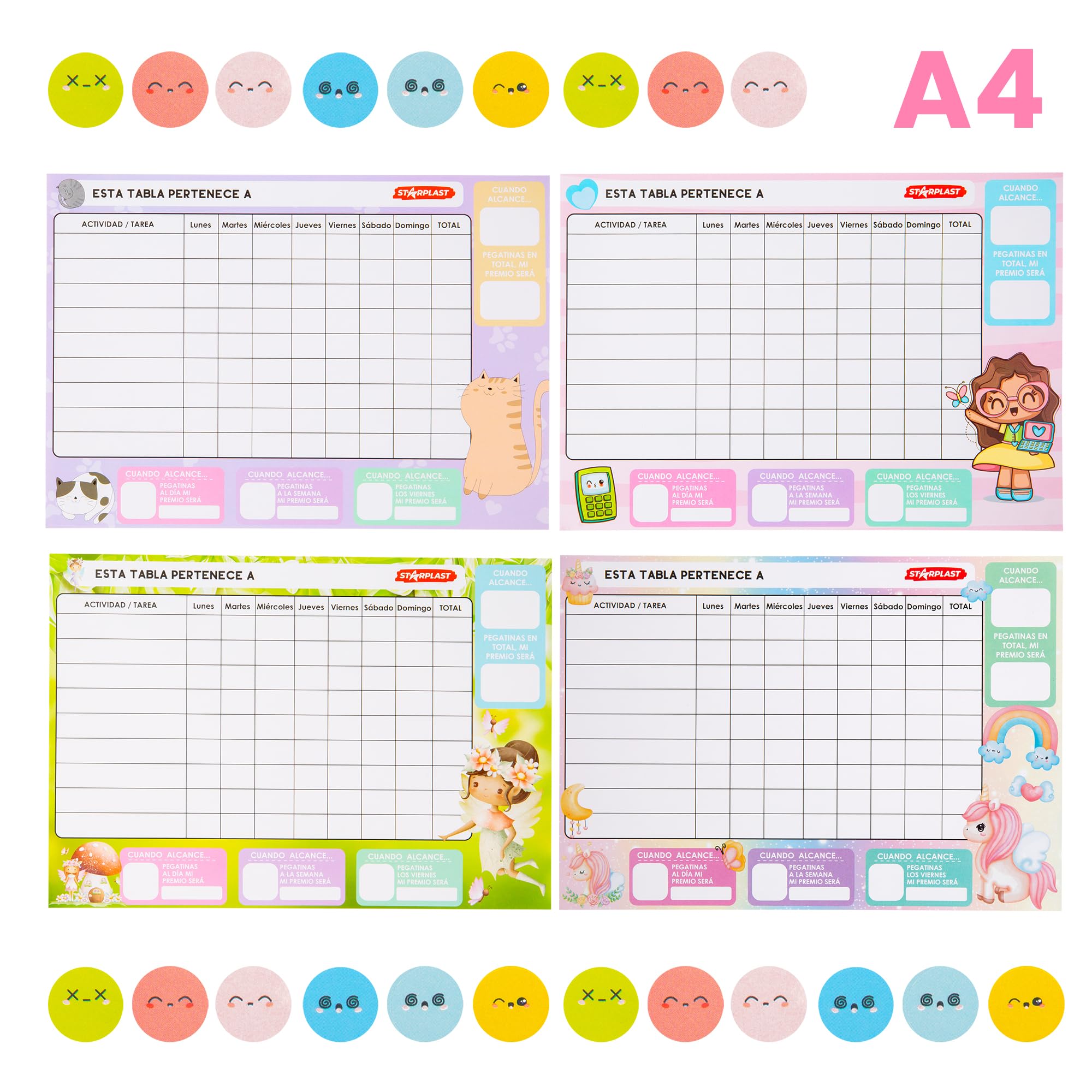 TABLAS DE RECOMPENSAS PARA NIÑOS STARPLAST - Incluye 16 láminas de pegatinas, 4 diseños diferentes de tabla recompensa y 16 hojas de tablas recompensa para usar con niños - CUTE