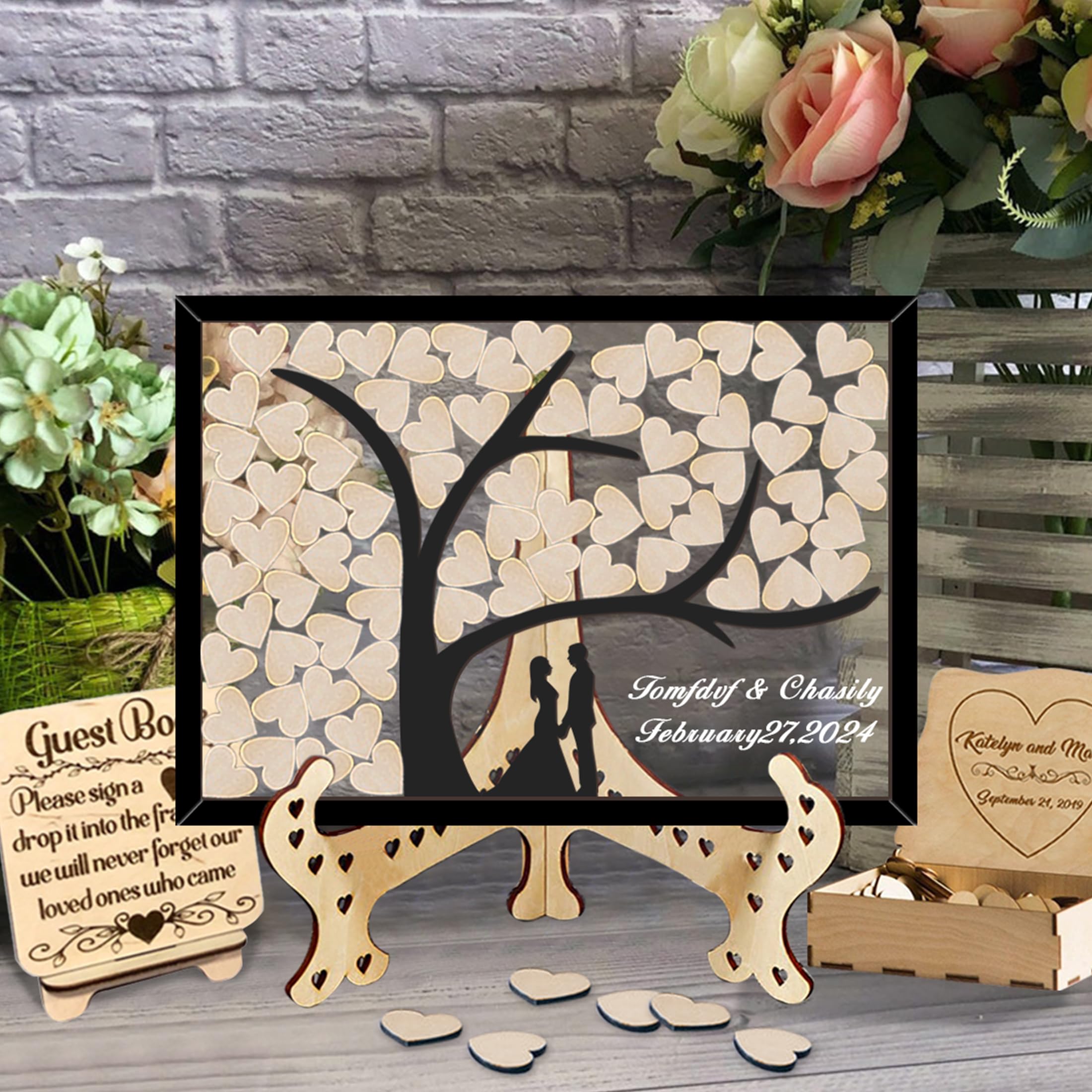 Lettera personalizzata di testo personalizzato Wedding Guest Book con 30-100pcs Cuori di Legno, Legno Wedding Guestbook Segno, Anniversario Wedding segno nel libro per Cerimonia (style 13)