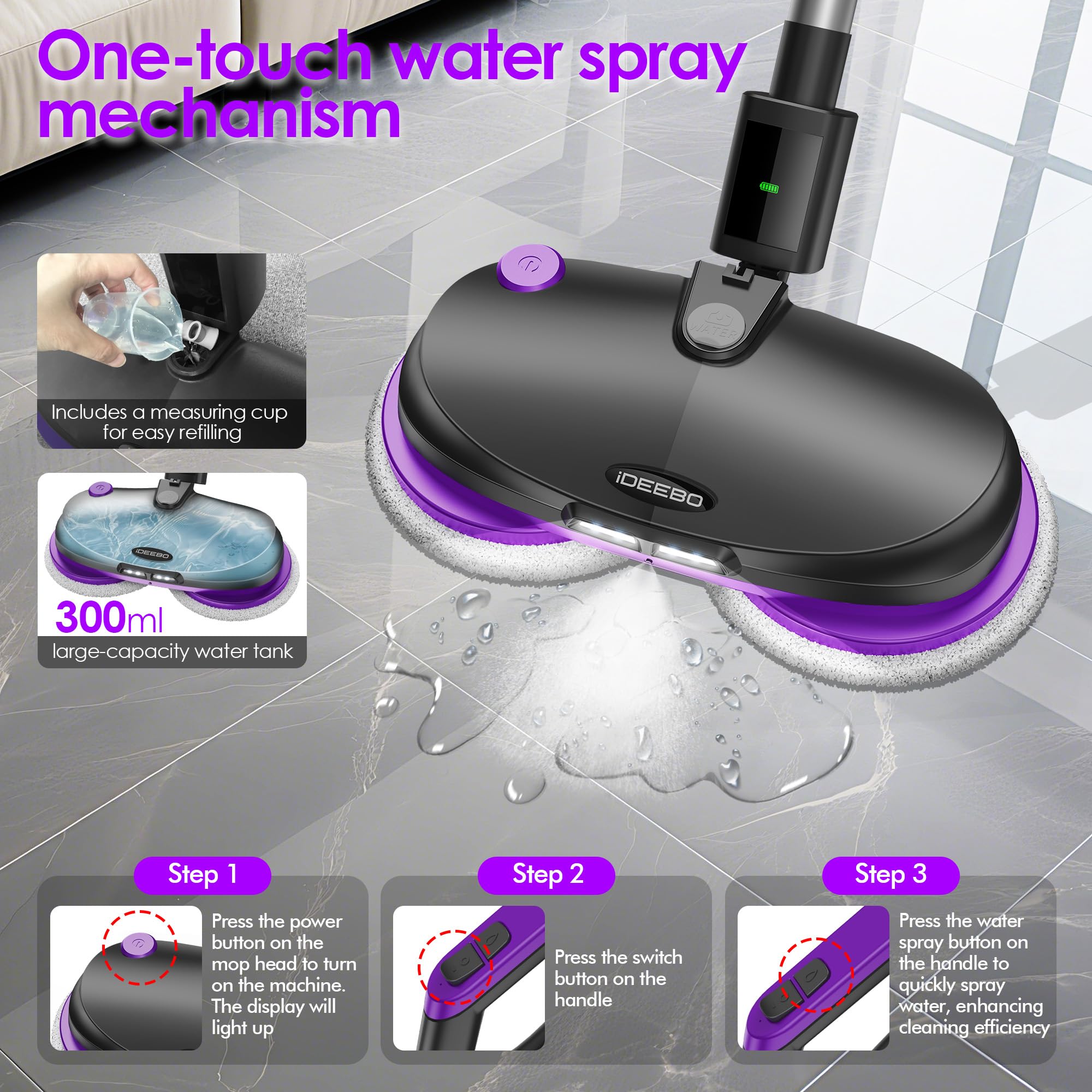 Mocio elettrico senza fili, con funzione spray, illuminazione a LED, serbatoio dell'acqua da 300 ml, lavapavimenti elettrico per lavare, strofinare e lucidare