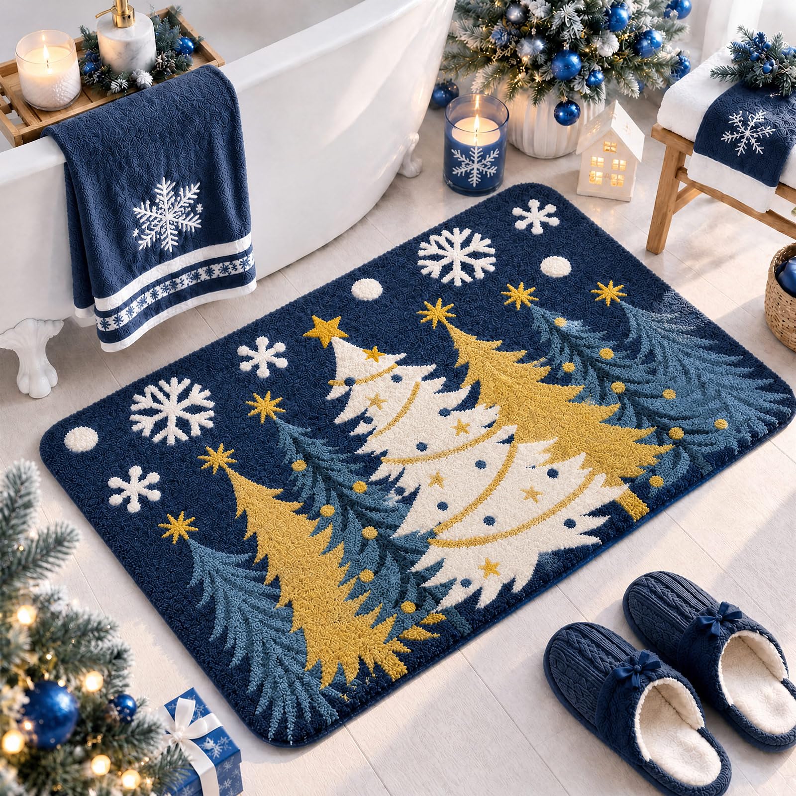 Christmas Tree Xmas Bathroom Rug, 20" x 32", Blue
