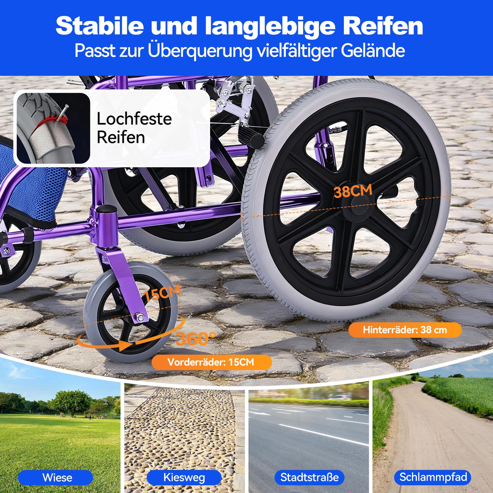 M3 Ultraleicht Rollstuhl Faltbar Leicht, Transitrollstuhl, Bremse an den Griffen Reiserollstuhl für Behinderteund Senioren, FuBstütze, Armlehnen, leicht, Sitzfläche 45 cm, Lila