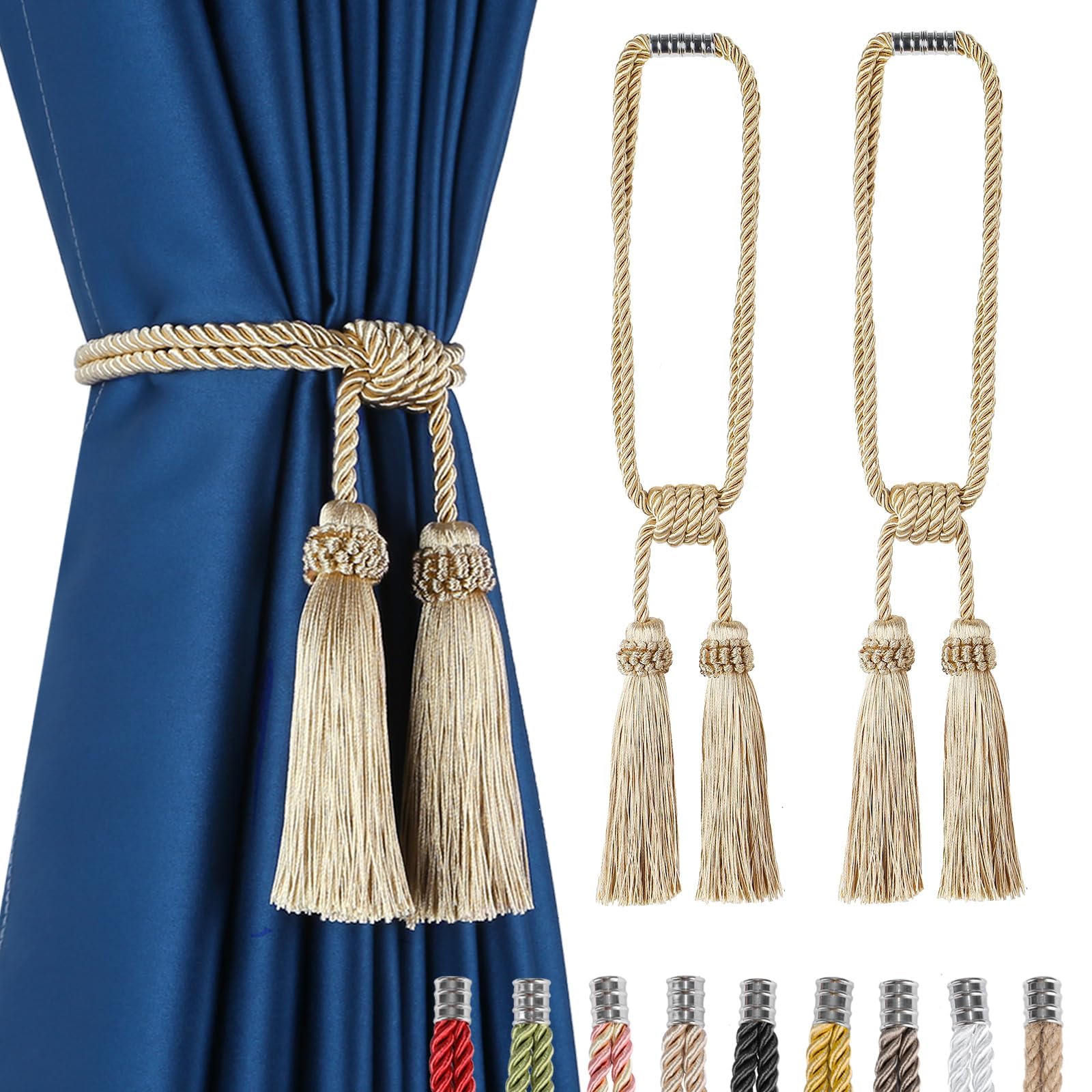 Fenghuangwu Magnetic Curtain Tiebacks 4Pack Tassel Curtain Tieback Modern Handmade Tie Backs,Decorative Tassel Holdback for Draperies,Window Decor (2, Beige)