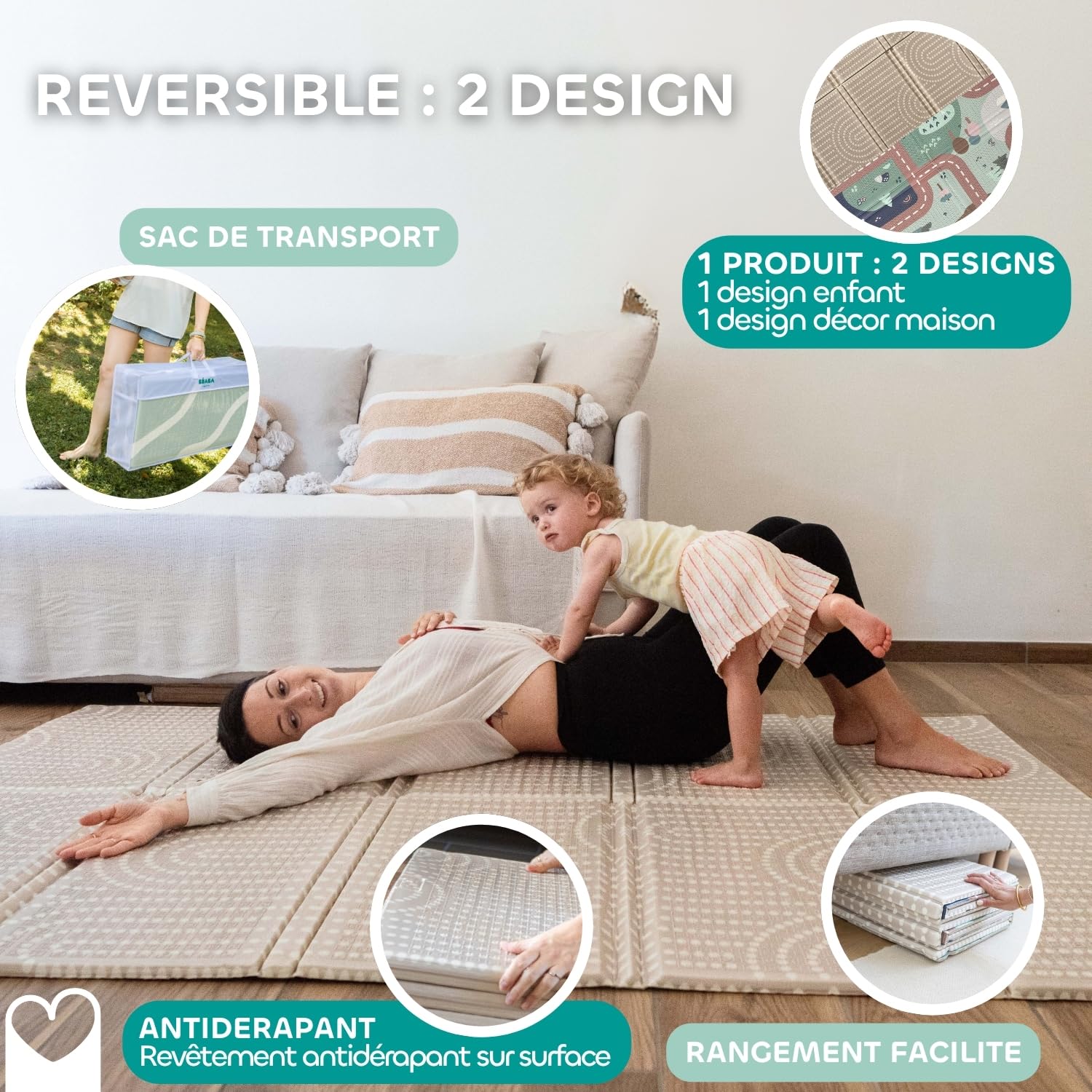 BÉABA, Tapis de Motricité XXL 200x150 cm, Tapis d'Eveil Réversible 2 Faces, Mousse Haute Densité 1,5 cm, Imperméable, Facile à Nettoyer, Pliable avec Sac de Transport, Play Life/Arch