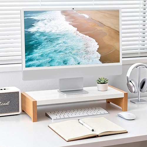 ARCOBIS Soporte elevador para monitor, metal blanco y madera, soporte para monitor de computadora para escritorio, capacidad de carga máxima de 40