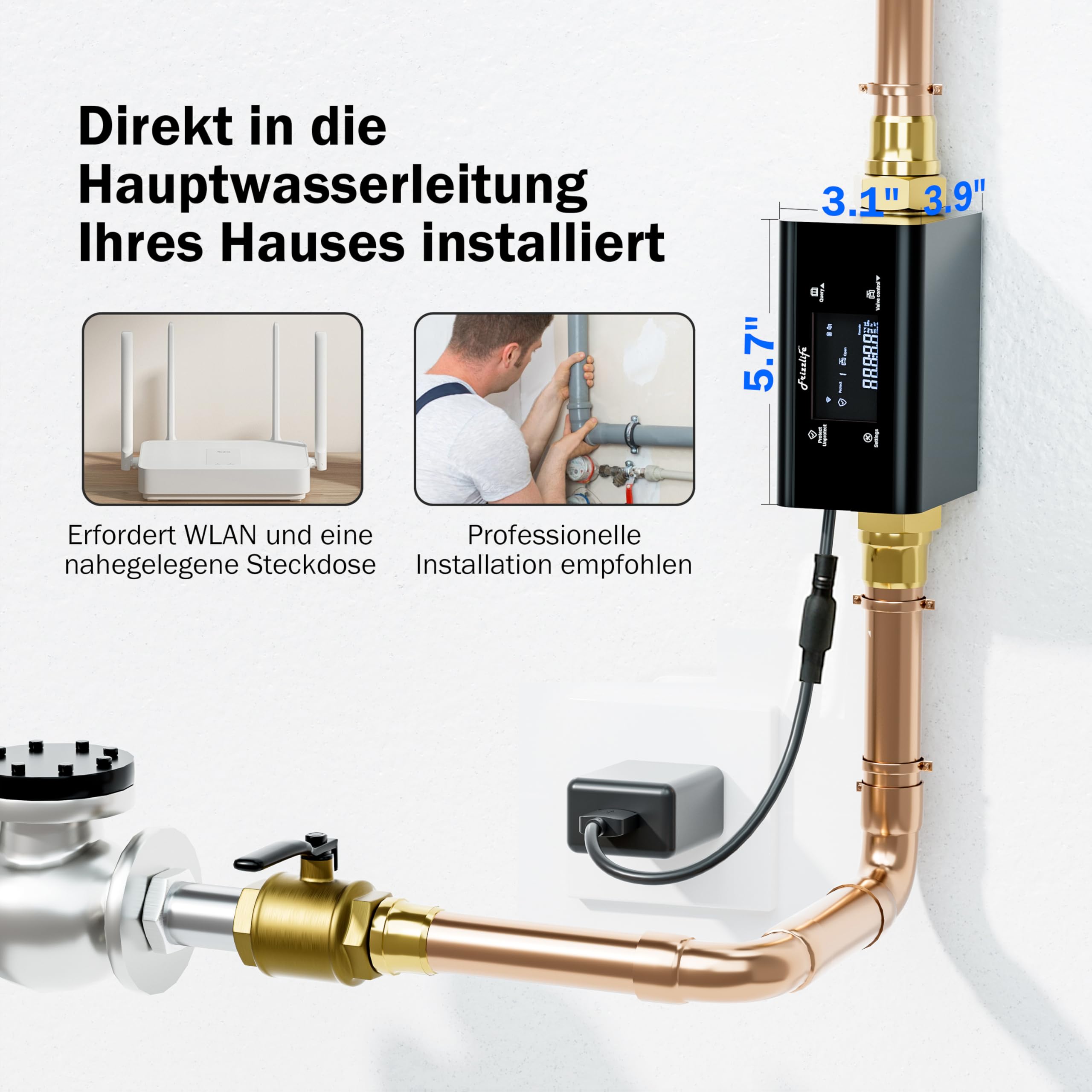Frizzlife LP365 Wassermelder WLAN, Smart Wassermelder mit automatischer Abschaltung, App-Warnungen (2.4Ghz & 5Ghz), Wassersensor für Küche, Badezimmer, Keller, Wasserdicht nach IP67, 3/4" & 1" Rohre
