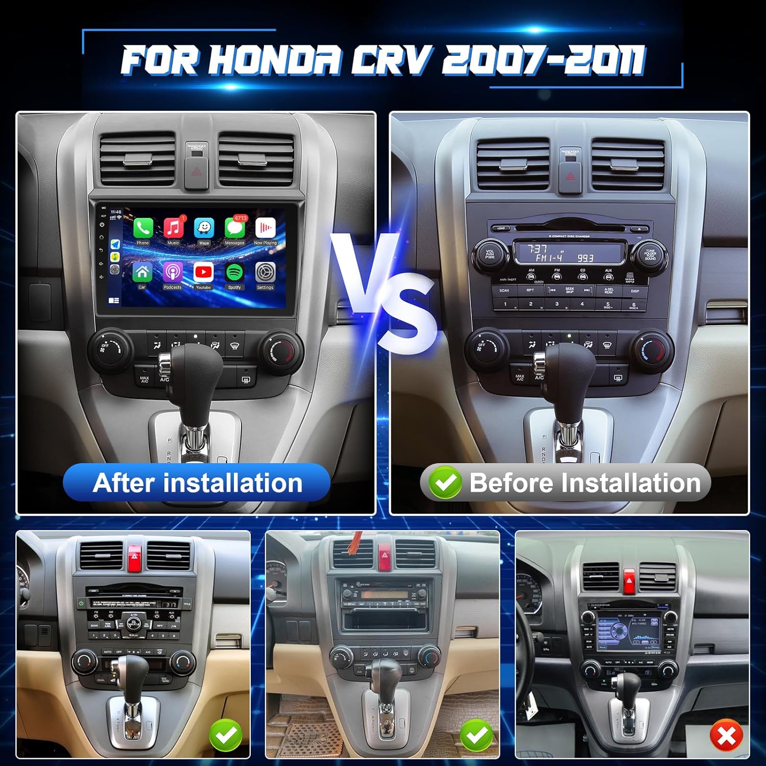Comparison of car dashboard before and after stereo installation