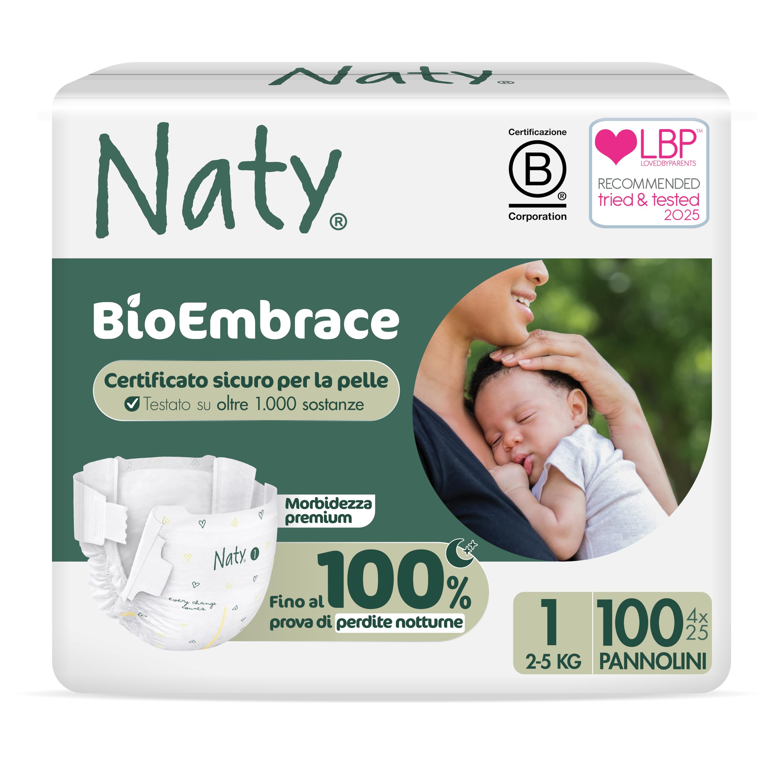 Naty BioEmbrace Pannolini Neonato | Certificati per pelle sensibile | Protezione anti-perdite fino al 100% | Morbidezza vegetale | Senza profumo & cloro | Taglia 1 (2–5 kg), 100 pz