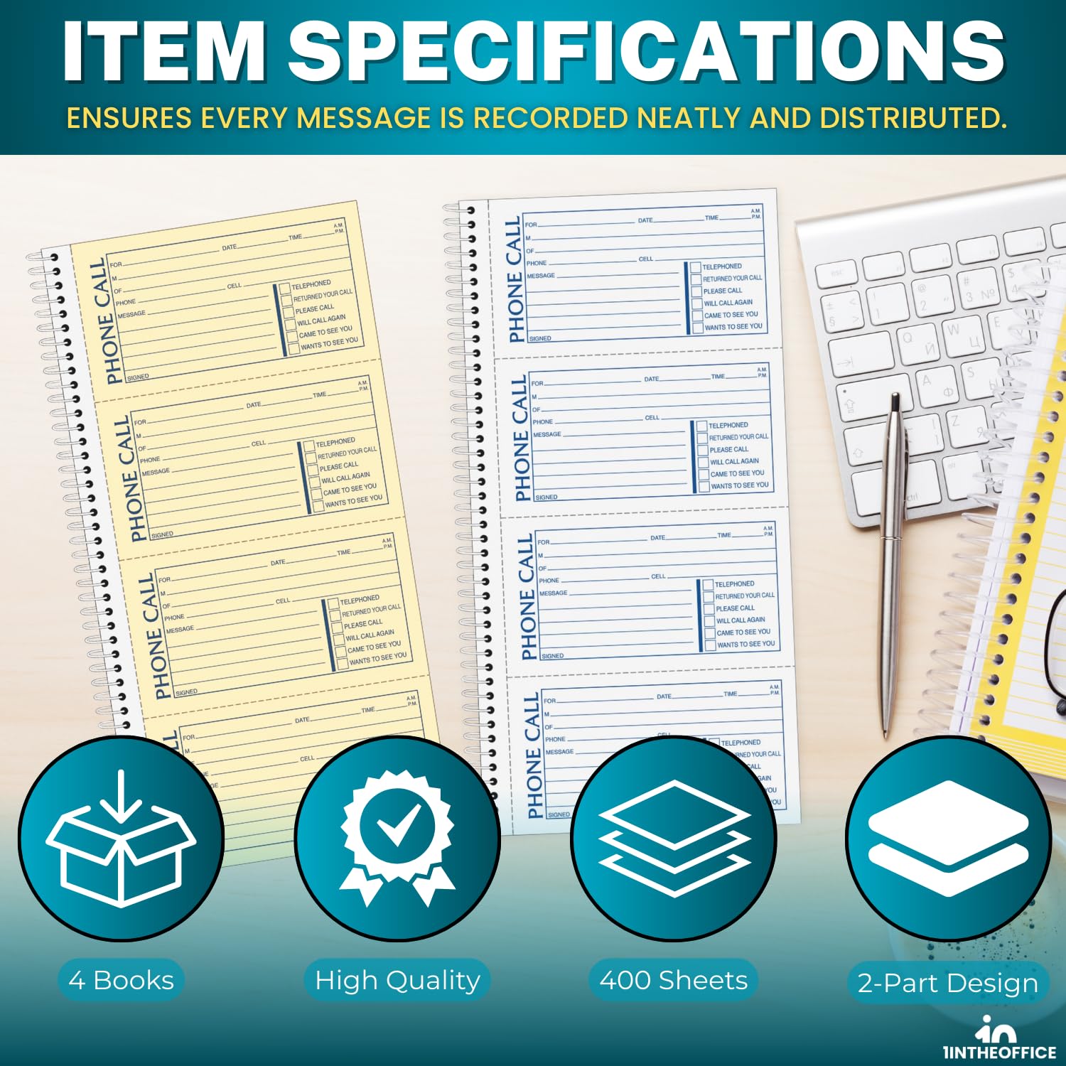 1InTheOffice Phone Message Book 2 Part Carbonless, 5.5" x 11", 2-Part Carbonless, 400-Set/Book - 4 Pack