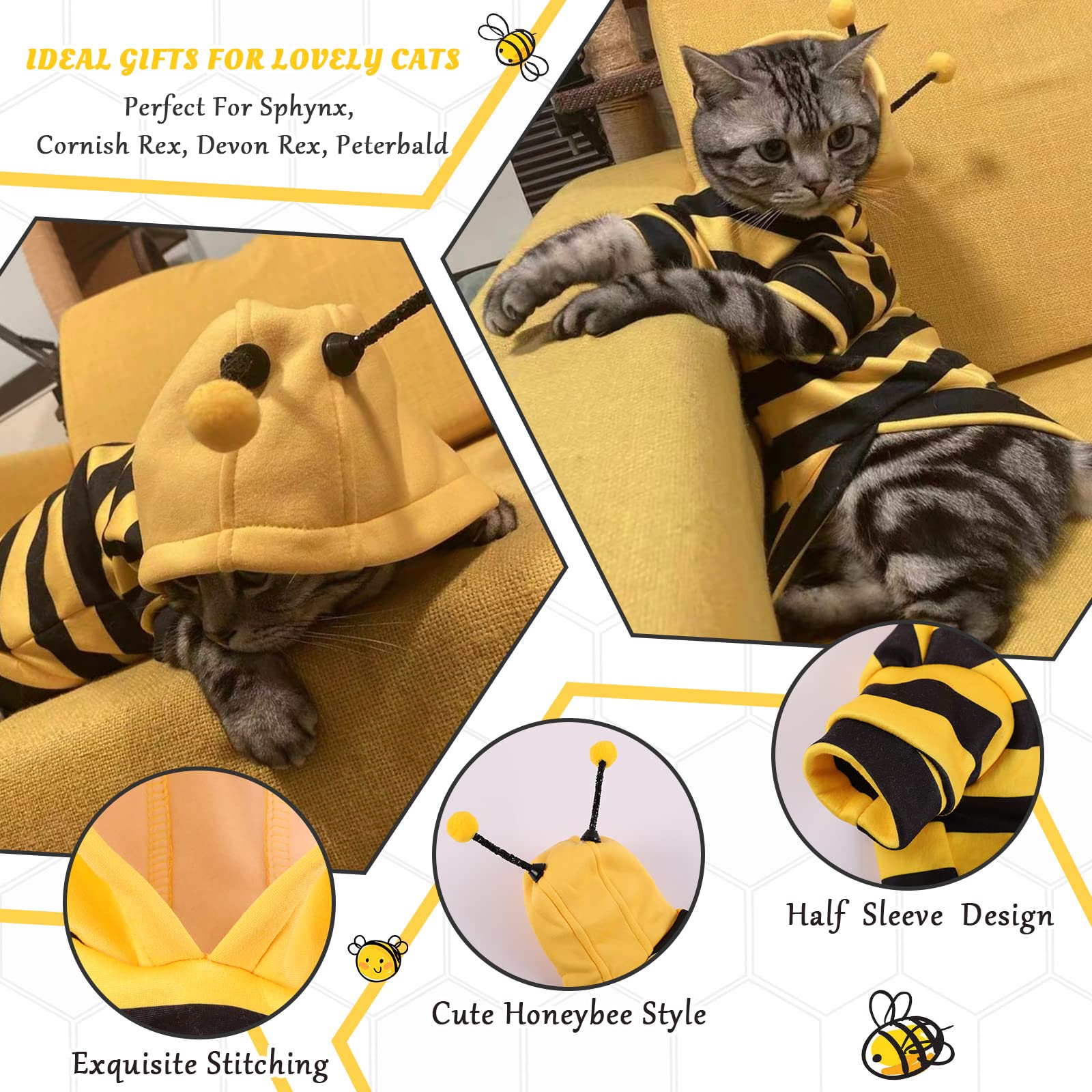 QBLEEV Sphynx - Ropa de gato de abeja, disfraces de gato solo para gatos, suéteres sin pelo, camisa cálida para gatitos, pijama de gato, ropa de mono para gatos machos y hembras