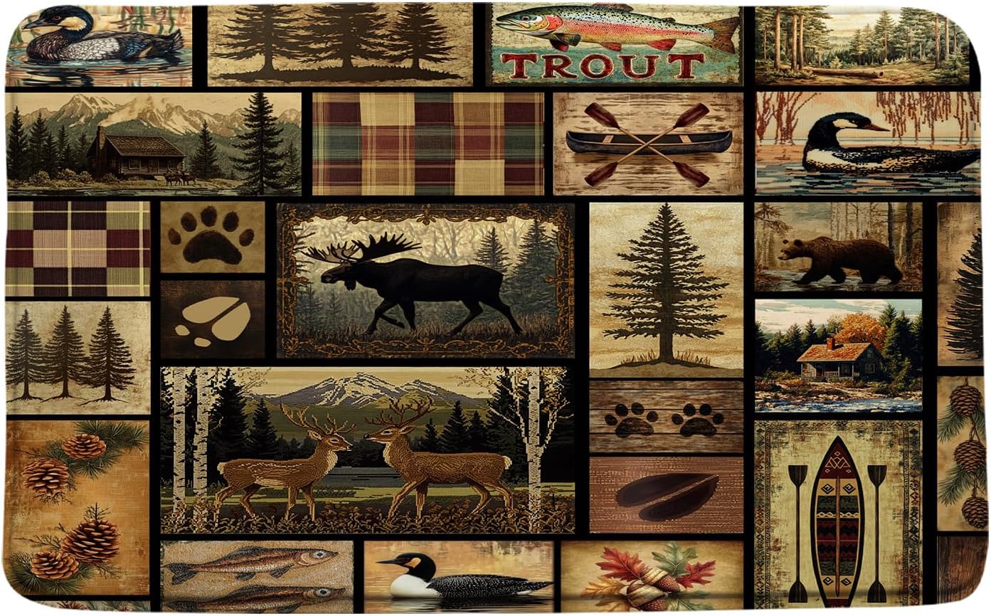 Rustic Cabin Bath Mat Moose Deer Bear Pine Tree Farmhouse Wildlife Country Lodge Antique Vintage Hunting Memory Foam Home Office Door Bathroom Decor Mat,24"x60"