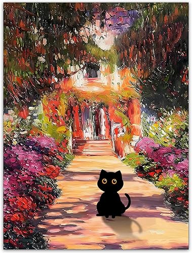 CAXIYSH Póster impresionista de gato negro, arte de pared vintage con flores y jardín, impresiones artísticas famosas de pintura de gatos coloridos