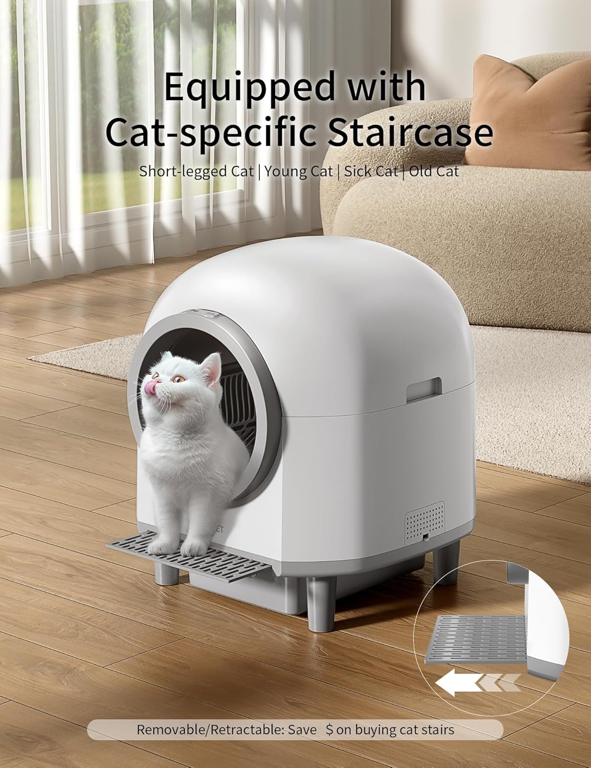 Tabacir Smart Cat Litter Box with attached cat stairs, showing a white cat inside and an arrow indicating the retractable stairs.