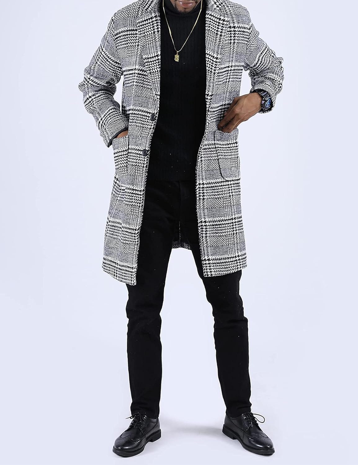 Springrain Men's Wool Blend Pea Coat Notched Collar Single Breasted Overcoat Warm Winter Trench Coat - Image 3