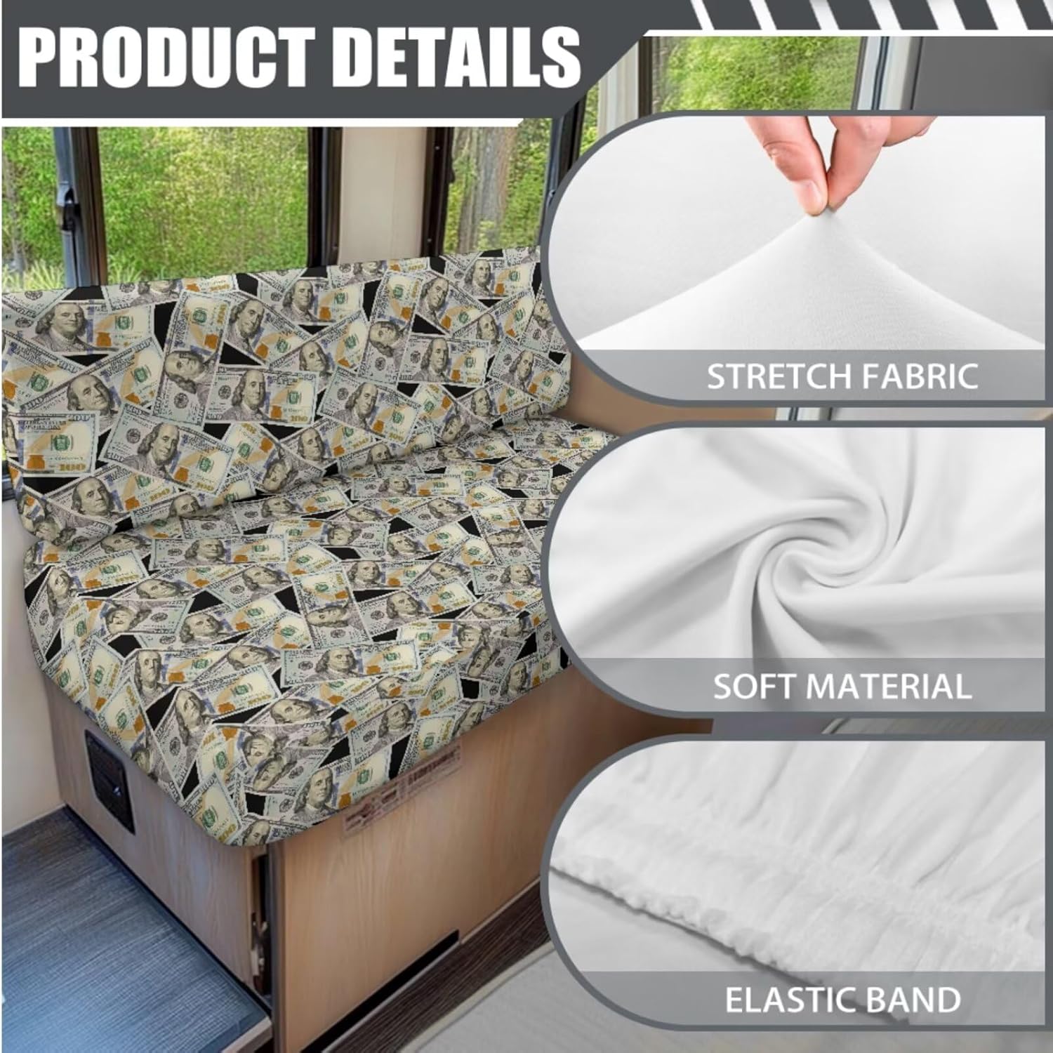2 Set Dollars RV Dinette Cushion Cover,Washable Elastic Cushion Slipcovers Stretchable RV Sofa Cover-Loveseat Sofa Furniture Protector for RV Camper Car Bench Seats