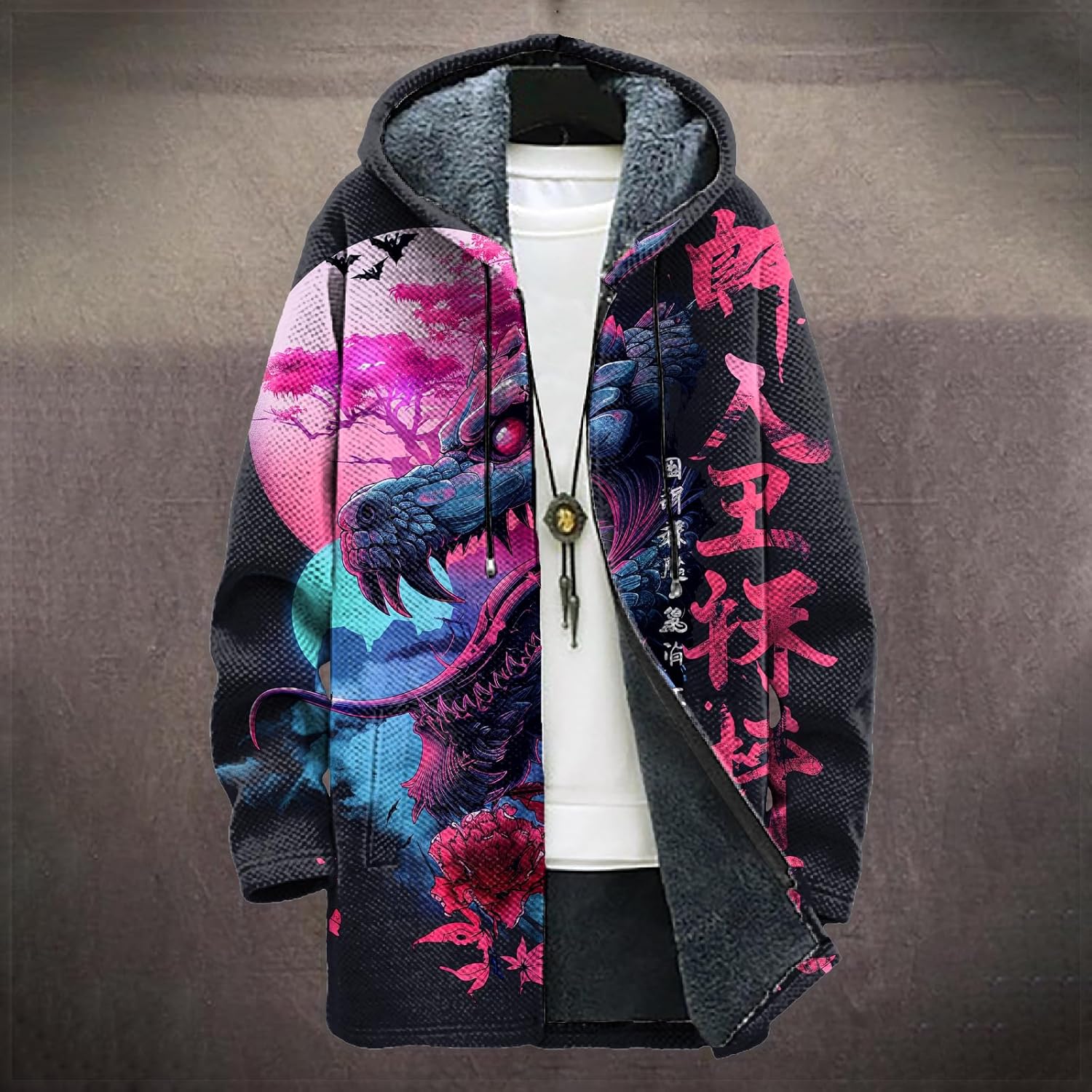 Long Hooded Cardigan Men Japanese Neon Art Graphic Open Front Zip Up Fleece Warm Fall Novelty Lightweight Coat - Image 2
