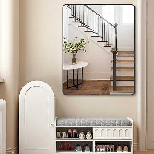 Miniatura 6 de FORBATH Espejo de baño negro, espejo rectangular de tocador de 32 x 40 pulgadas, montado en la pared, esquina redondeada, espejo de baño con marco