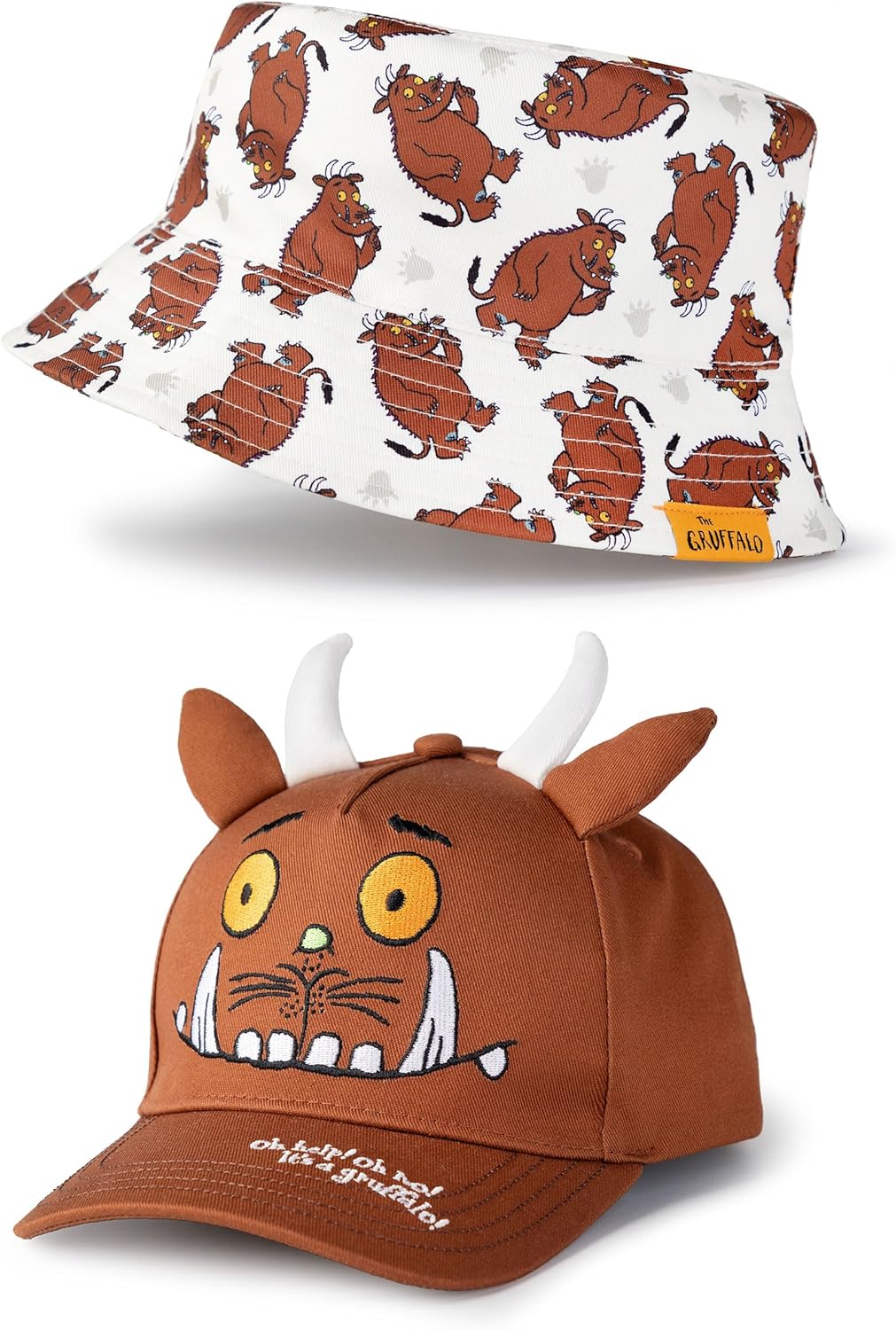 Gruffalo The Boys 2-Pack Bucket Hat & Cap | Reversible 3D Ears & Horns | Fun Cartoon Outdoor Hats Brown