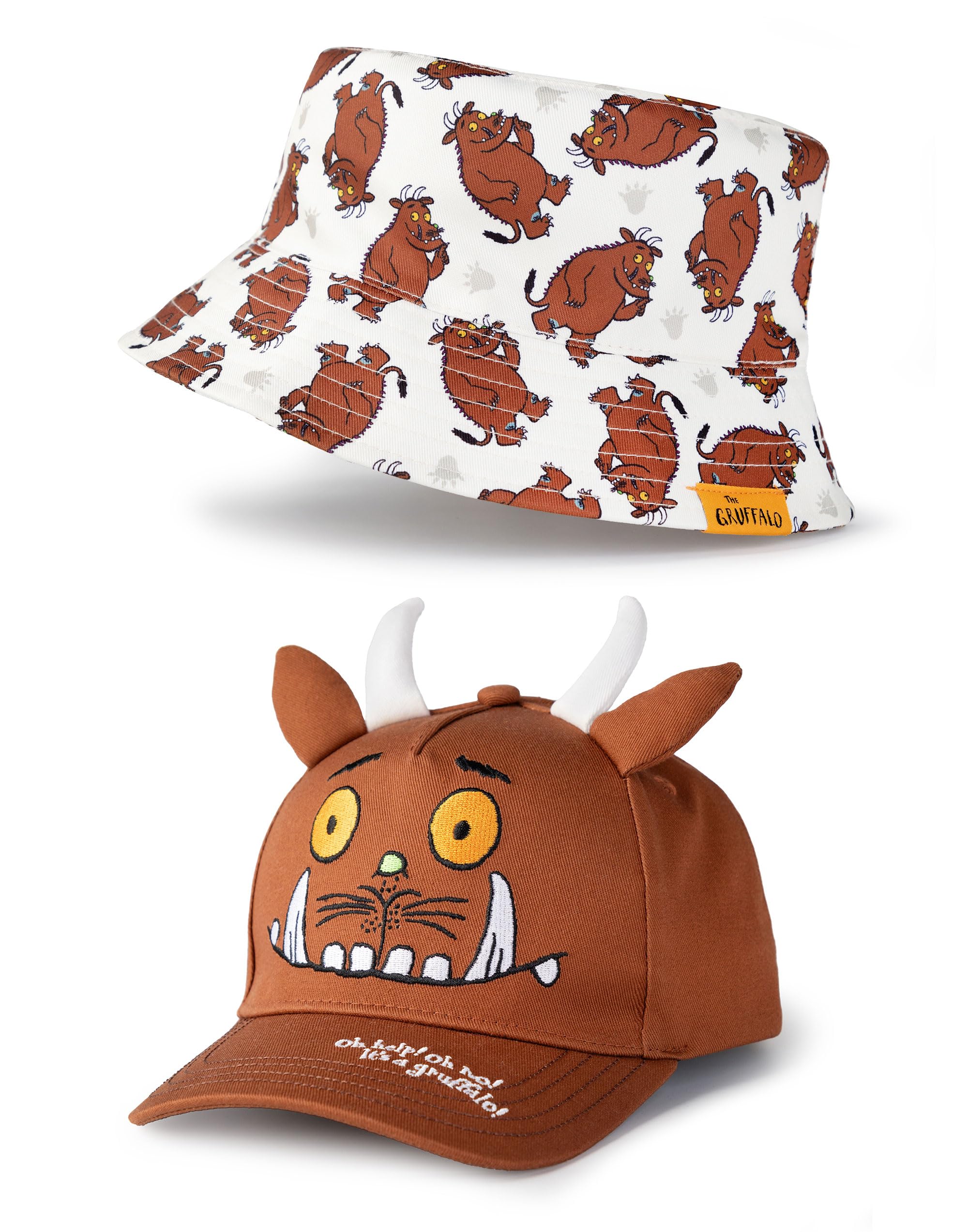 Gruffalo Boys Brown The Friends 2 Pack Bucket Hat & Cap Set | Reversible Character Design With 3D Ears & Horns | Cute Cartoon Hats For Outdoor Play