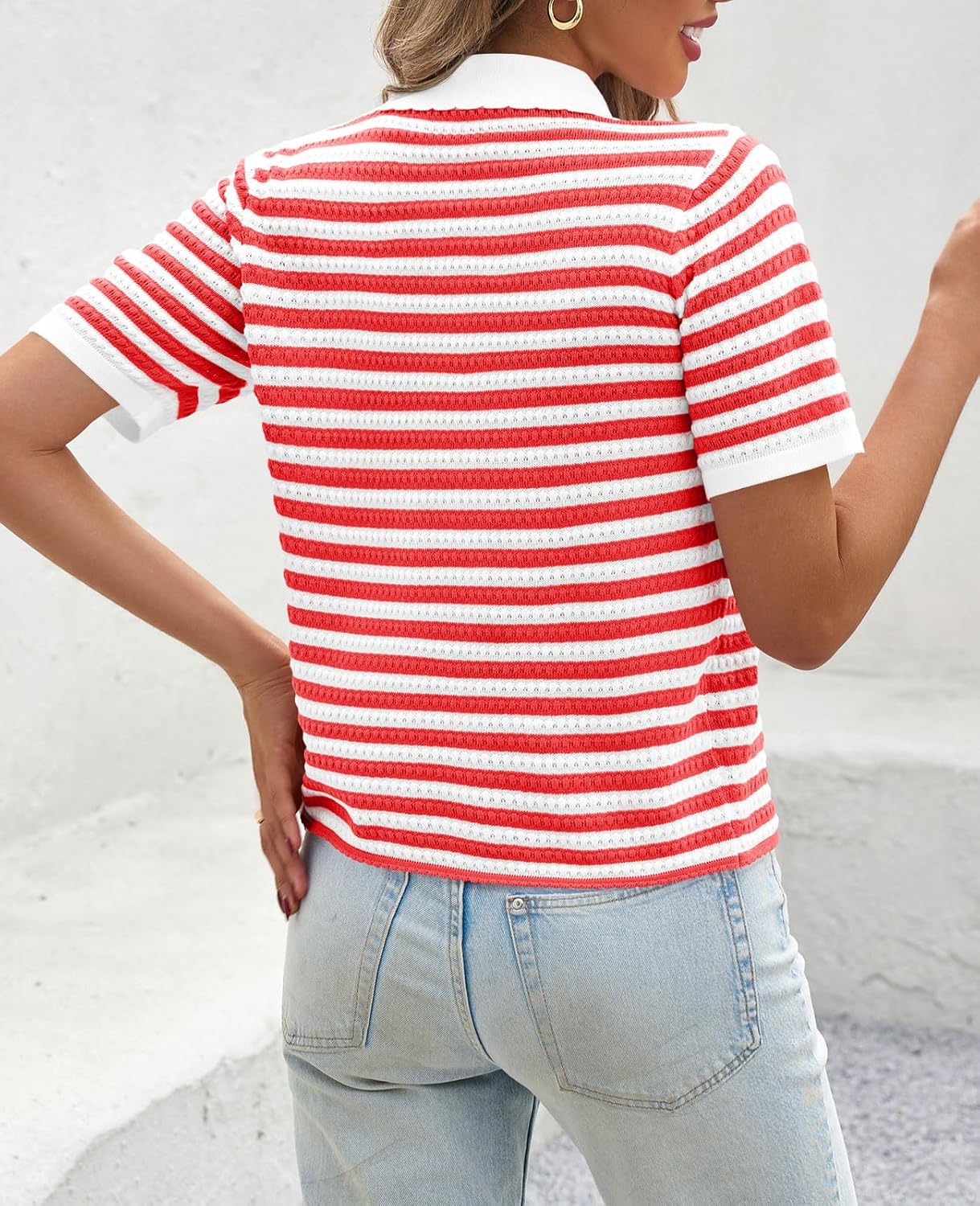Saodimallsu Womens Striped Short Sleeve Sweater Tops Polo Collared Button Crochet Summer Cropped Cardigan - Image 5