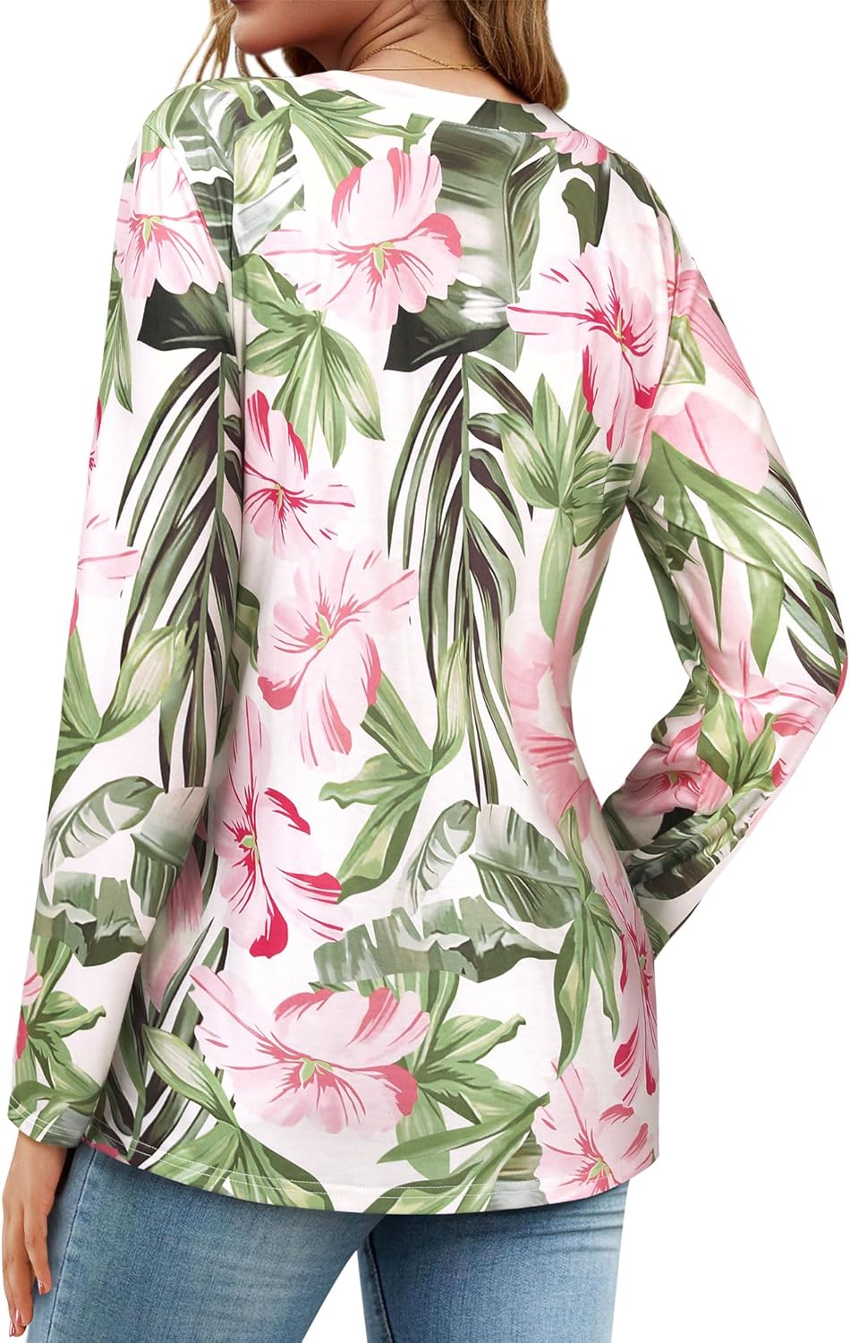 Womens V Neck Hawaiian Shirt Fall Vintage Floral Tropical Printed Tunic Top Long Sleeve Buttons Side Shirts - Image 4