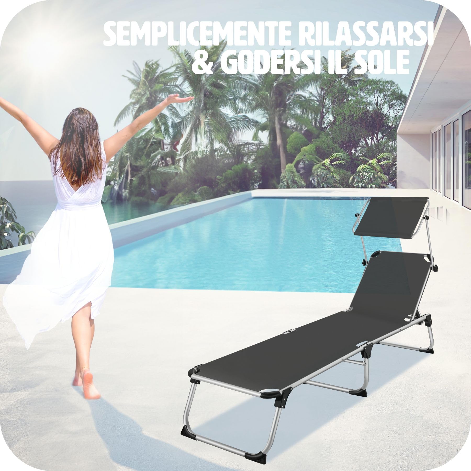 tectake® Sdraio da Spiaggia, Schienale Regolabile in 6 Posizioni, Parasole, Lettino Pieghevole e Trasportabile, Sdraio da giardino, Lettino Prendisole, Pratiche Maniglie (Nero)