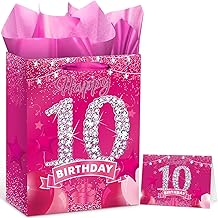 Sweet 10th Birthday Gift Bag with Greeting Card and Tissue Paper Hot Pink Double Digits Paper Treat Bag 10th Birthday Gift Wrapping Paper Bags for Girls 10 Years Old Party Decorations Supplies