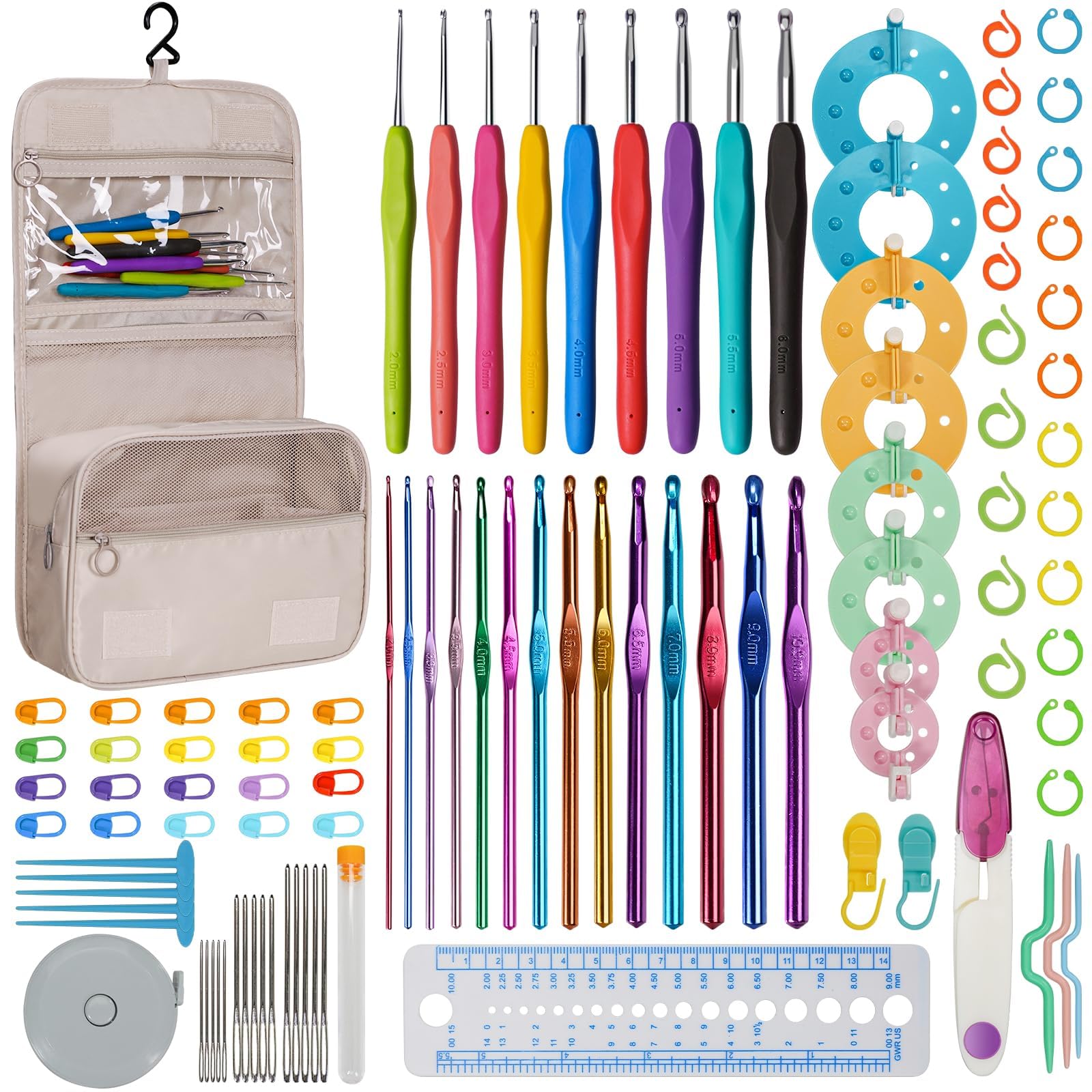 RealPlus 108PCS Crochet Kit for Beginners, 14 Sizes Crochet Hooks, Crochet Hook Set with Ergonomic Soft Handle, Gift for Women, Crochet Tool with Storage Bag - crochet kits | Mubboo