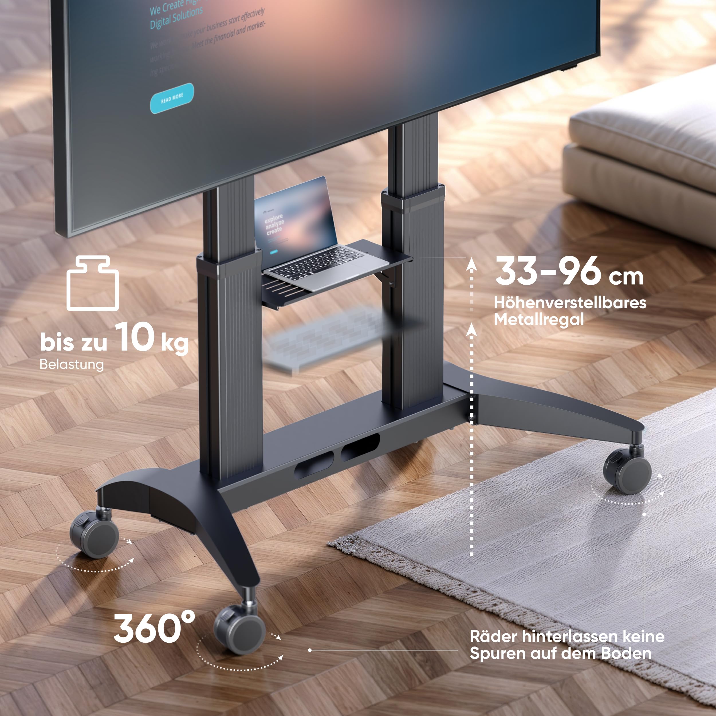 ONKRON TV Ständer rollbar 70-110", bis 130 kg, max VESA 1000x600, TS2821-B | TV Wagen höhenverstellbar 1315-1765 mm, Aluminium-Säulen, breite Basis, Kabelmanagement, Rollen; für Bildung, Büro & Events
