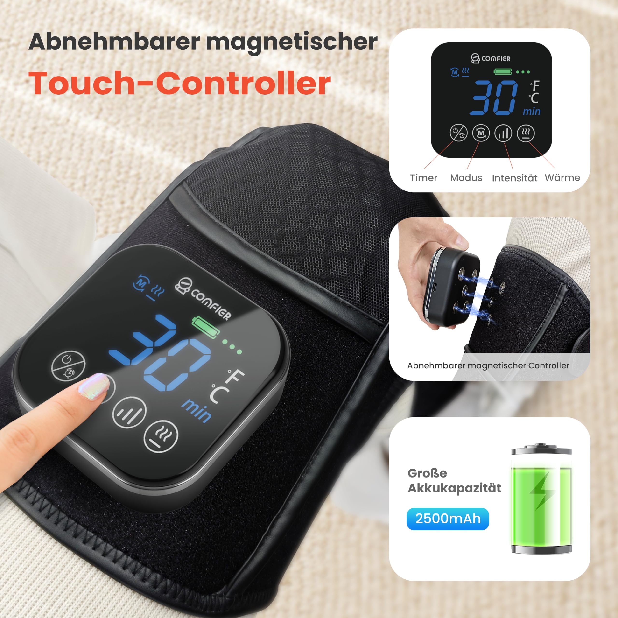 COMFIER kabelloses Knie Massagegerät mit Vibration | beheizte Knie Brace Wrap , 4 Graphene Heizung Ebenen, 5 Modi & 3 Intensitätsstufen, Geschenke für Mama Papa