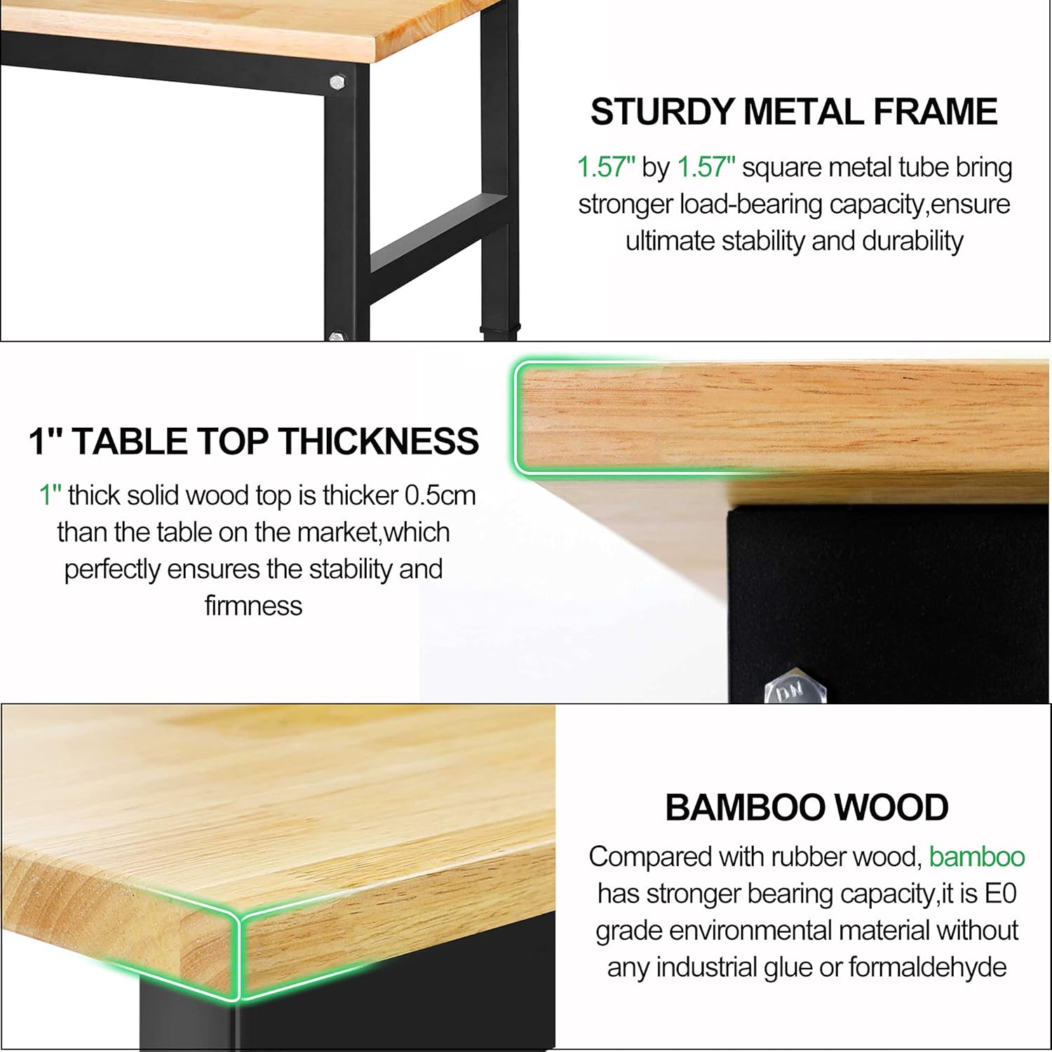 47.2"x 23.6" Bamboo Wood Garage Workbench w/Adjustable Height 25.4"-35.2" Multifunctional Workstation on Wheels 1500 Lbs Commercial Steel Work Tool Table Computer Desk Work Bench for Home Office : Tools & Home Improvement