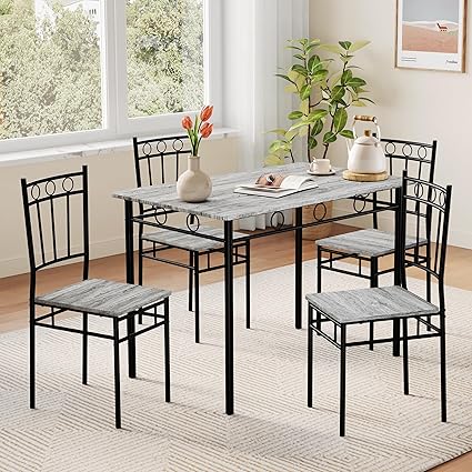Vipbear Kitchen Dining Table Set for 4, 5-Piece Kitchen Table Set,Dining Room Table Sets,Rectangular Kitchen Table Set with 4 Chairs for Small Space, Dinette,Apartment,Rustic Grey