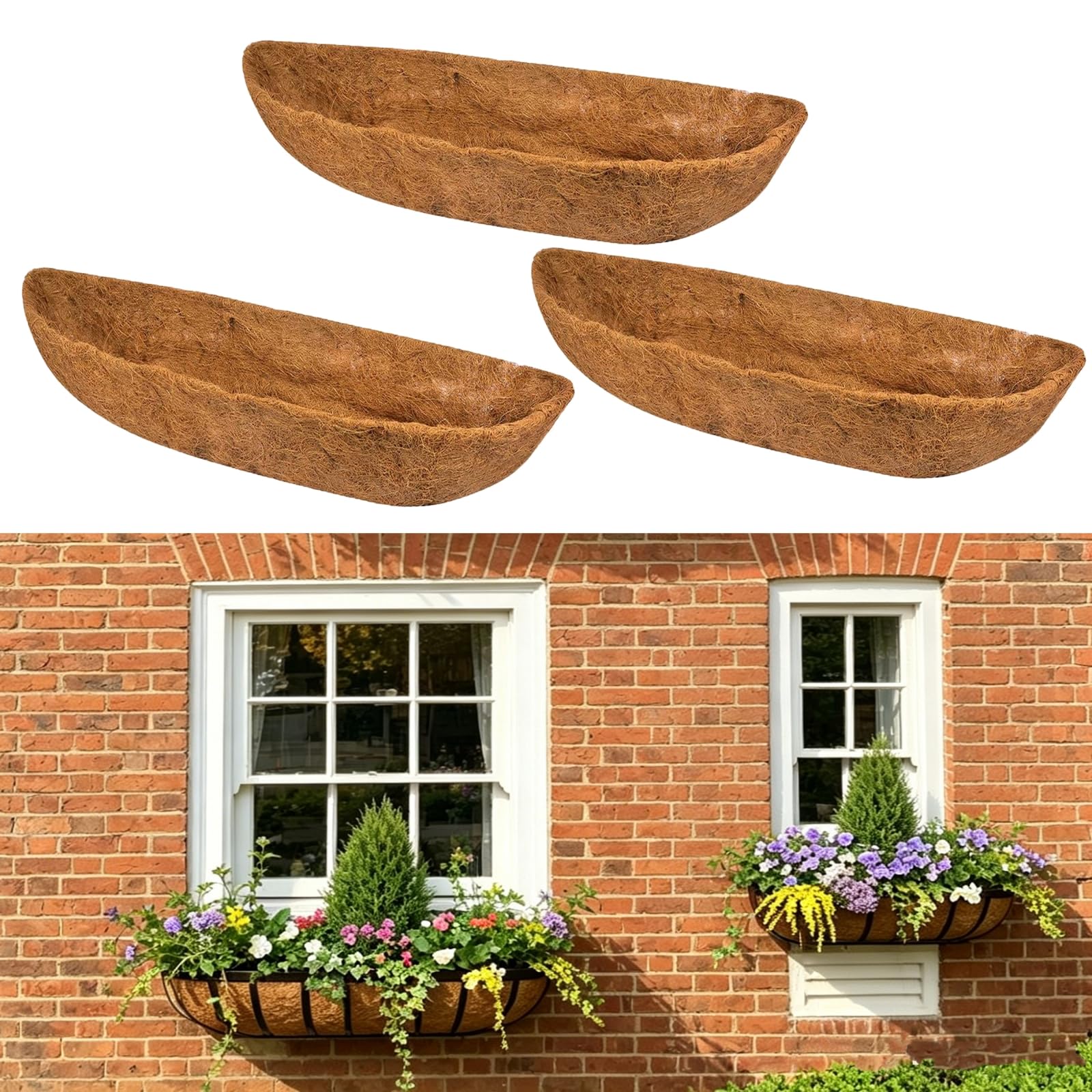 Geagodelia Set of 3 Coconut Fibre Hanging Basket Liner for Wall Trough Planters Window Boxes 24/30 / 36/48 inch Large Planter Liners (Trough-Shaped, 36 inch)